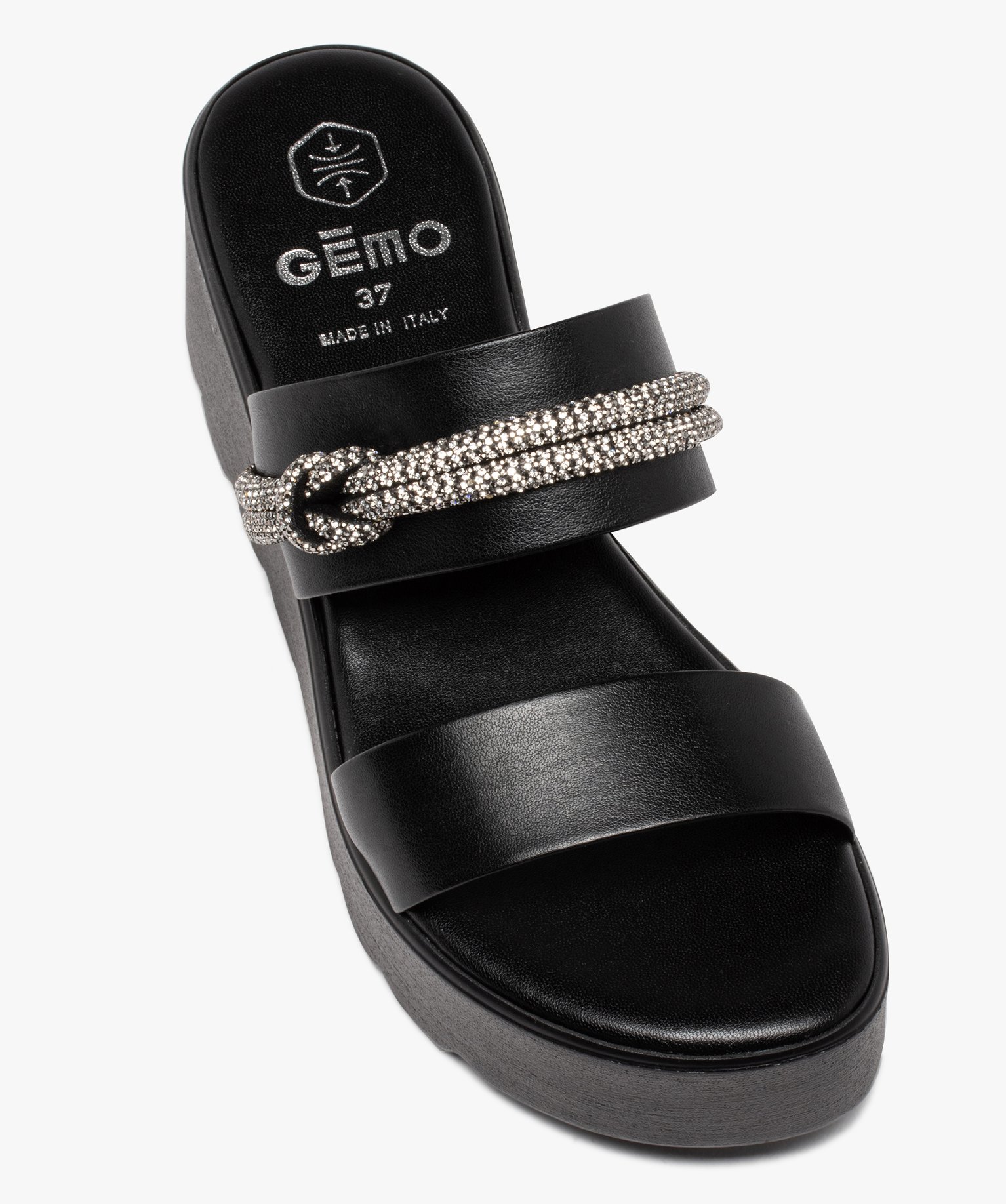 Mules femme compensées dessus uni ornées de strass noir | GEMO