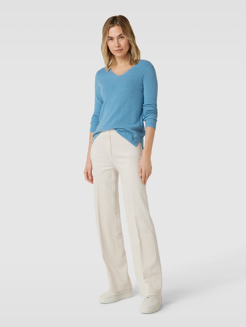 Strickpullover mit abgerundetem V-Ausschnitt in blau meliert
