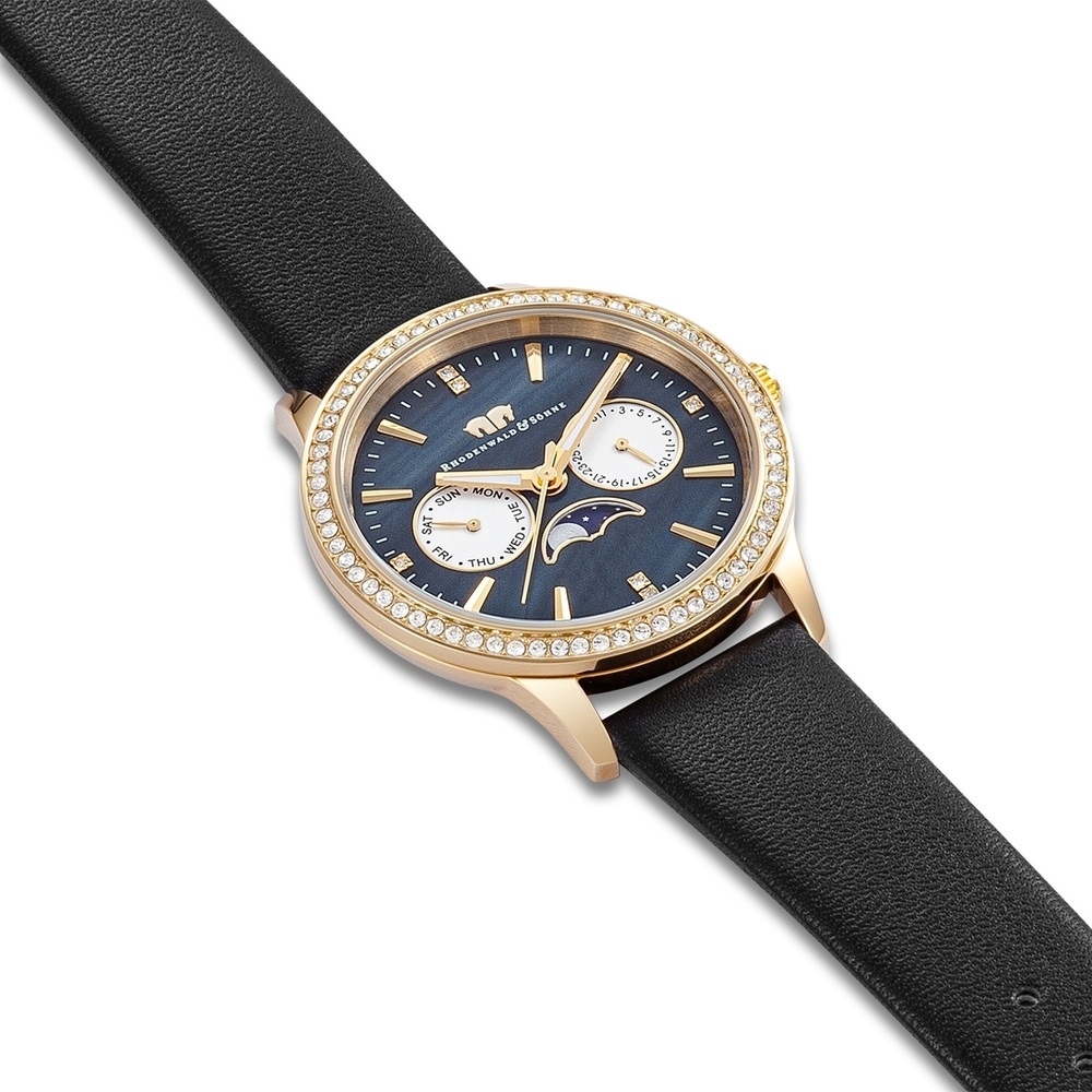 Rhodenwald & Söhne Multifonctions Amidala Or jaune Cuir véritable en Noir Montre