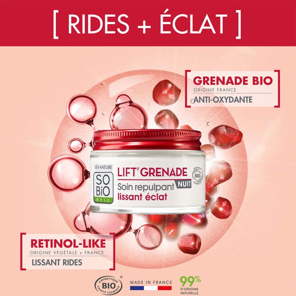 LÉA NATURE SO BiO étic Soin repulpant lissant éclat nuit, Lift' Grenade Soin nuit