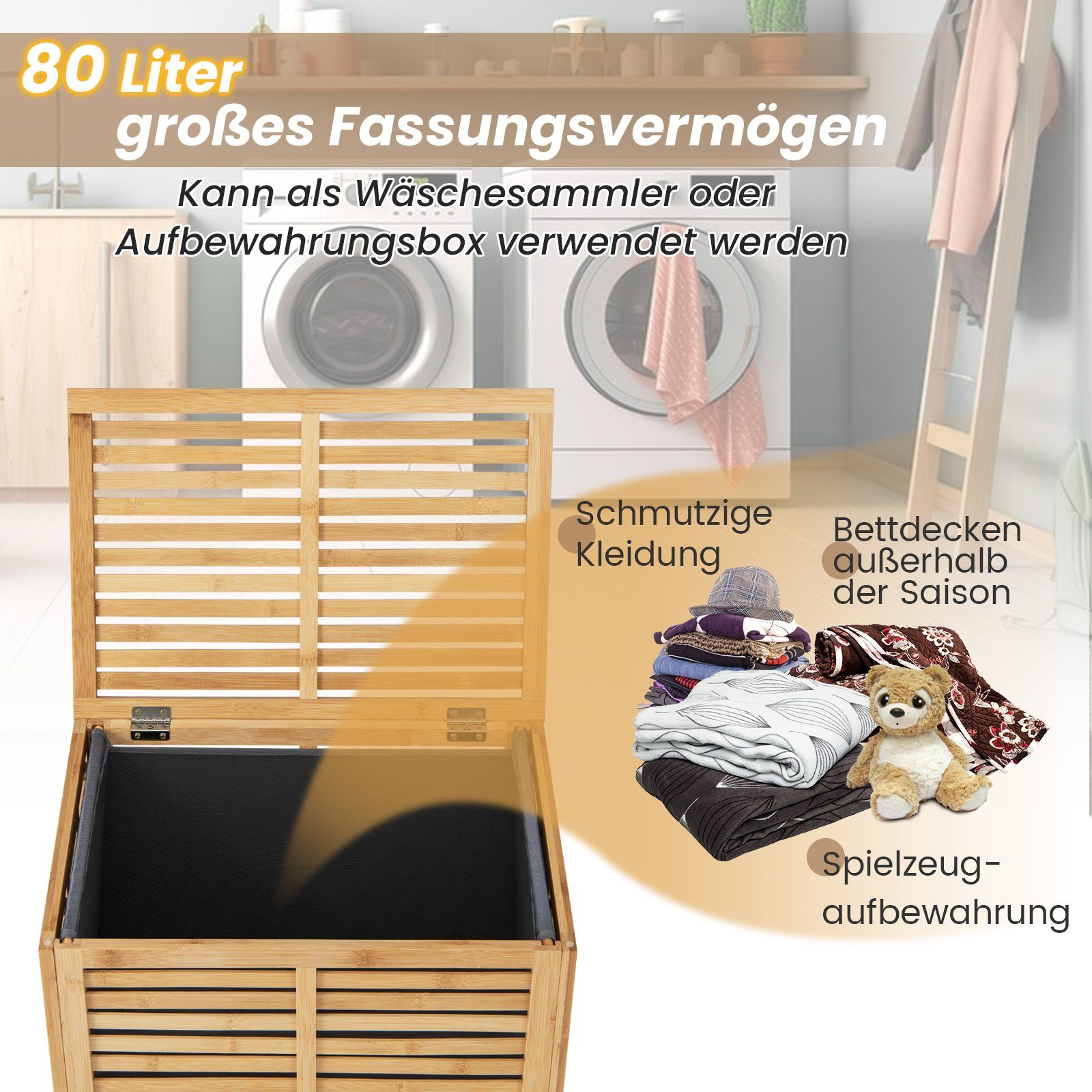 COSTWAY Wäschekorb, Bambus, 80L, mit Deckel & ausnehmbarem Wäschesack, Natur