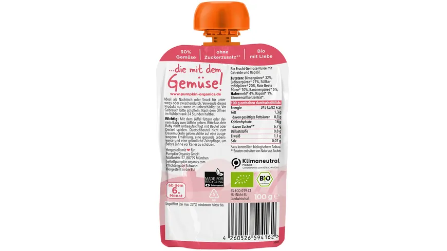 pumpkin organics Bio Quetschie: Birne, Erdbeere, Süßkartoffel, Rote Beete, Hafer 100 g