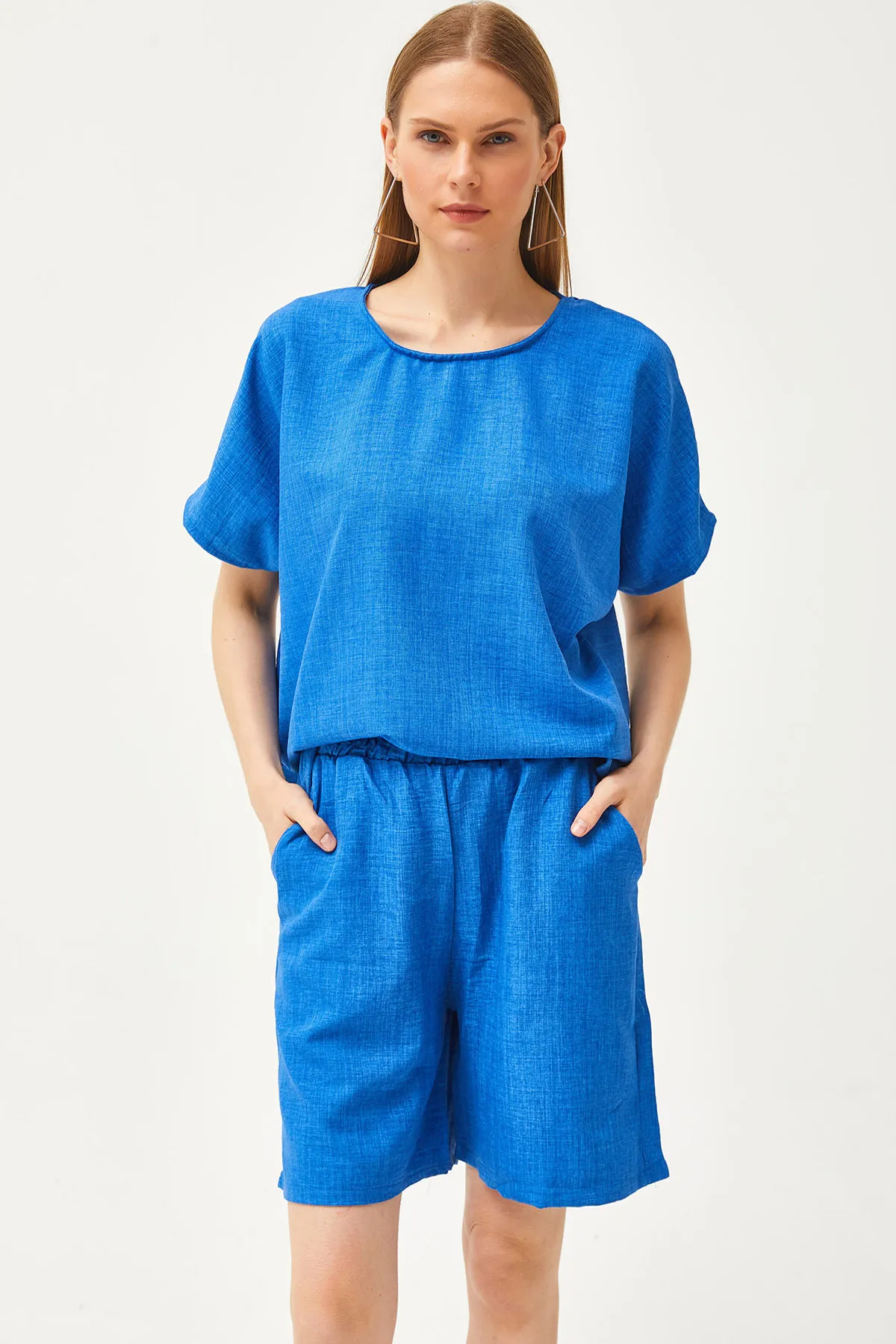 Olalook  Damen Saks Blaues Top Lockere Bluse Shorts mit Untertasche Leineninhalt Set TKM-19000268