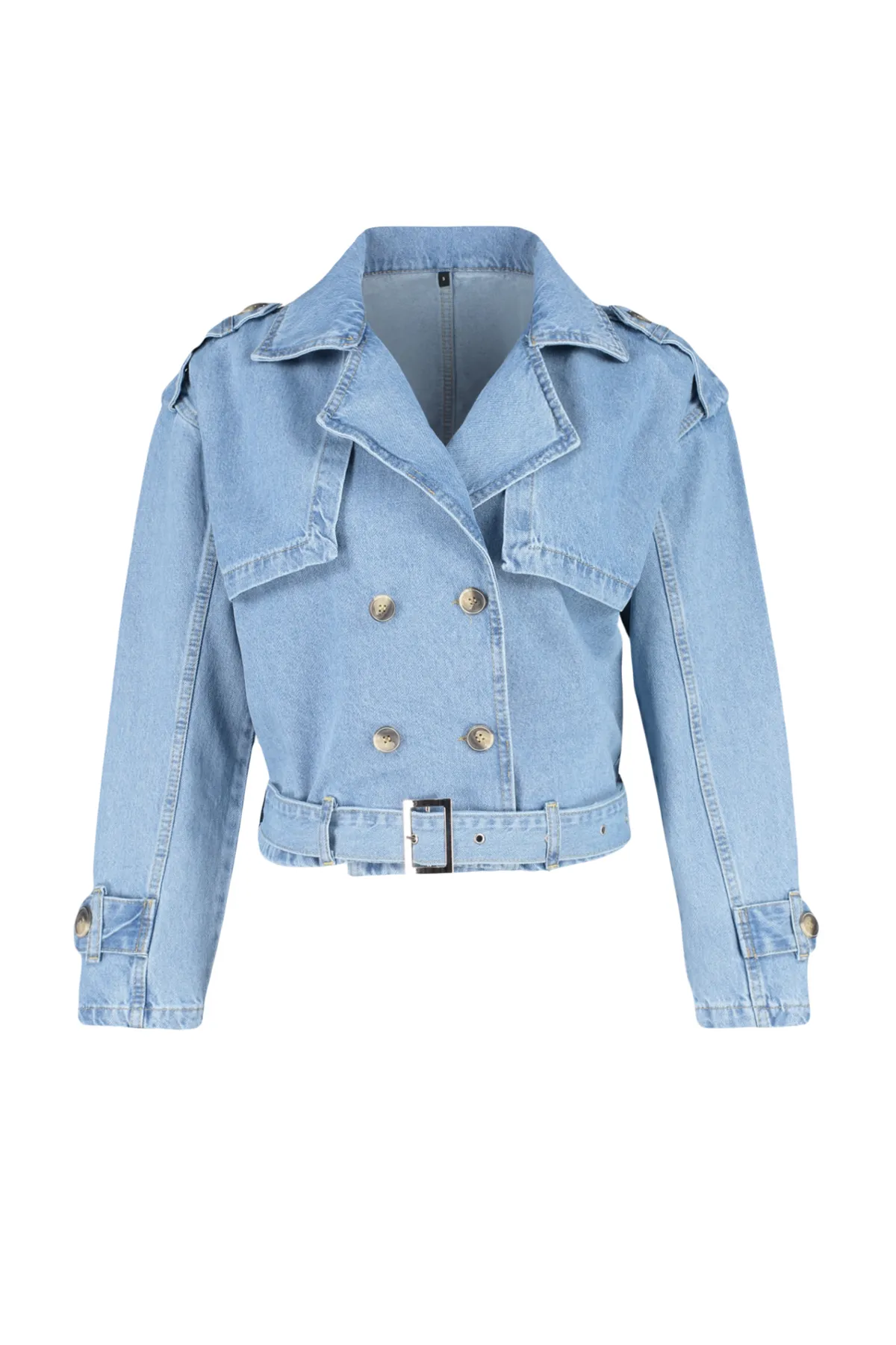 Trendyol Collection  Blauer, kurzer Denim-Trenchcoat mit Gürtel TWOSS24CE00015