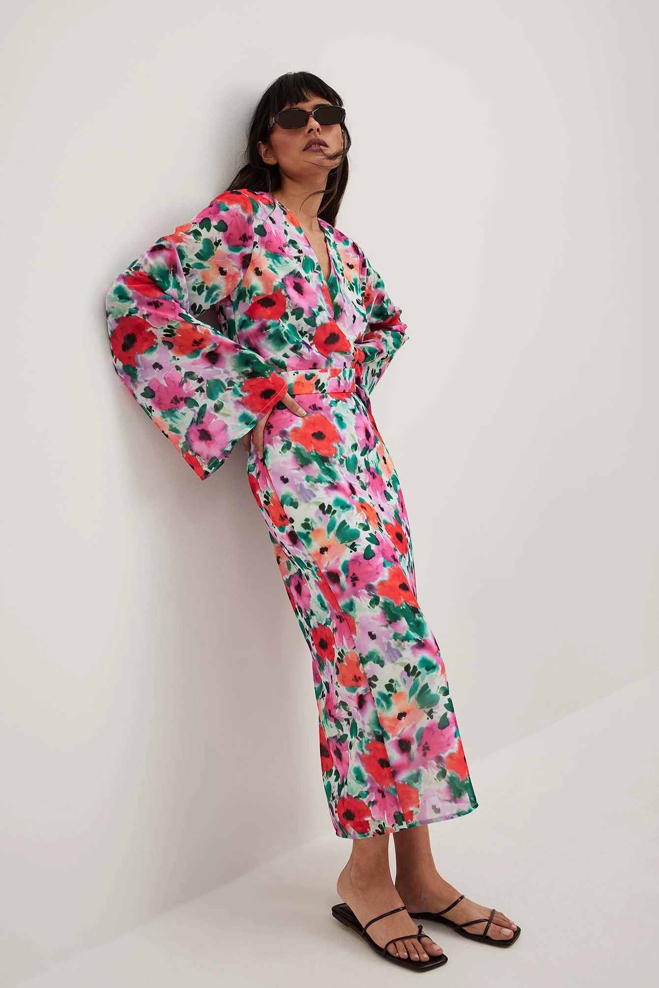 Bedruckte Chiffonbluse mit Trompetenärmeln