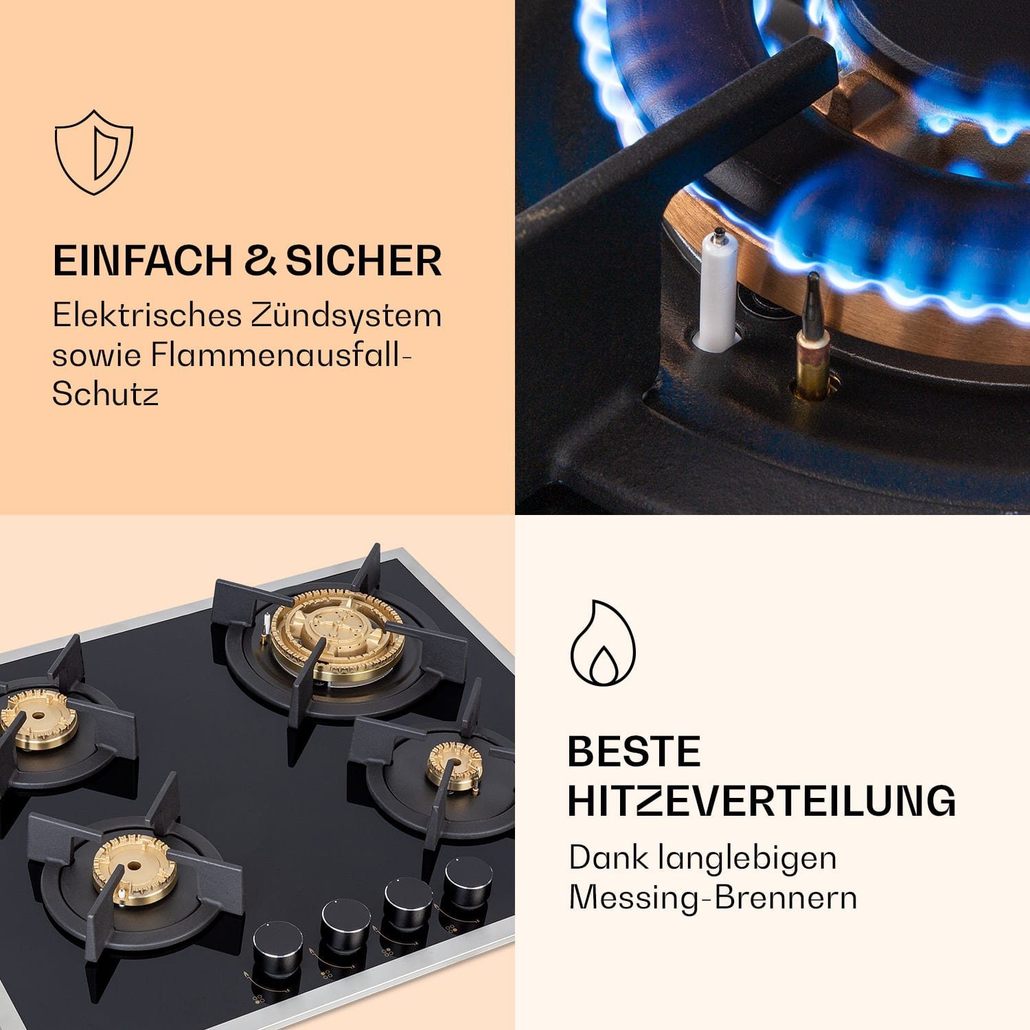 Klarstein Gas-Kochfeld Goldflame Domino 4 Prime Gaskochfeld 4-flammig Messing-Brenner Glaskeramik CP11-Goldflame-4-Pri, Einbau Gas Kochfeld 4 Platten Herdplatte Kochplatte Einbaukochfeld