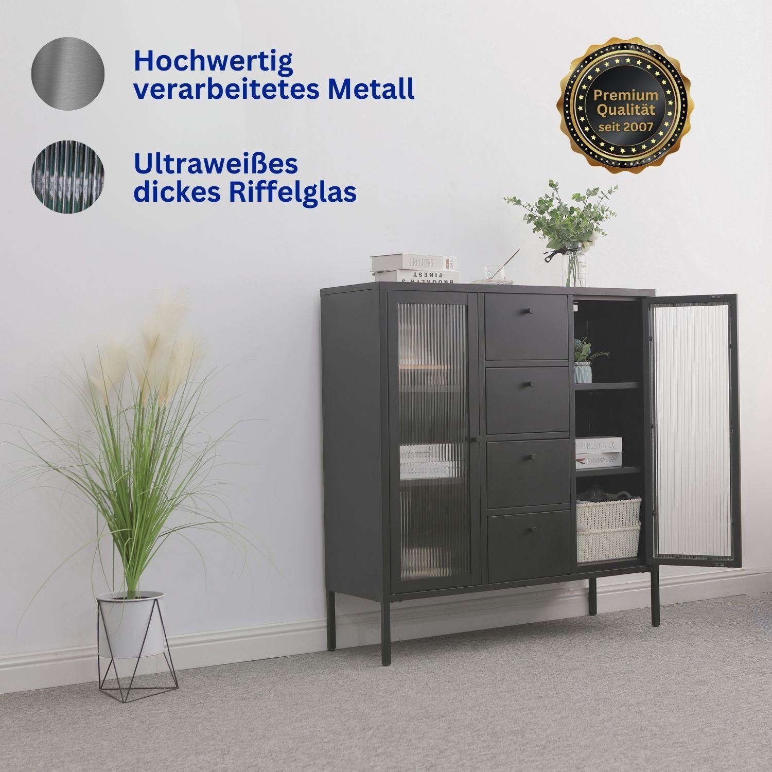 Mein-Regal Highboard, Highboard Paris Schwarz Metall 2 Glastüren, 4 Schubladen Einlegeböden