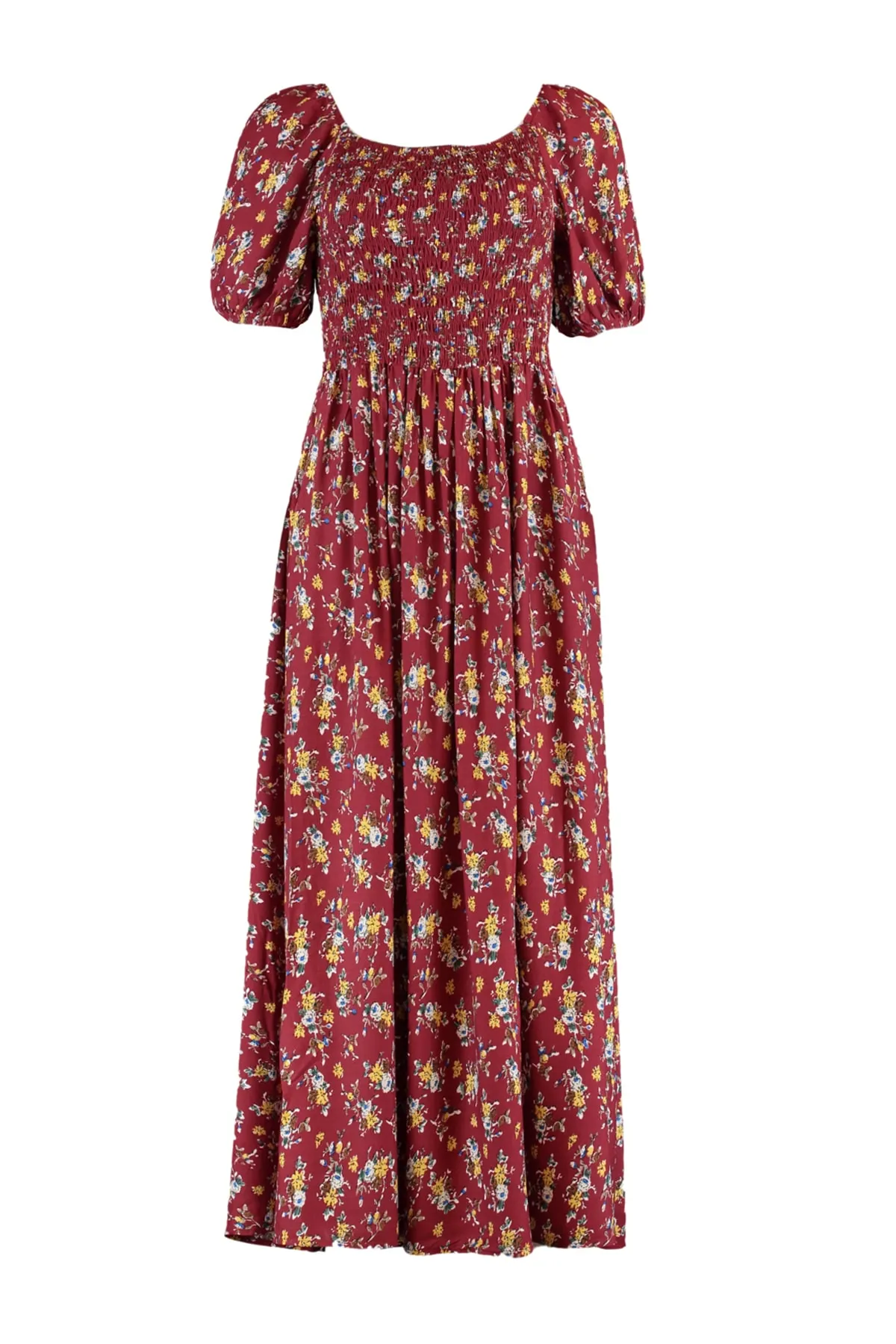 Trendyol Curve  Burgunderrotes, gemustertes, gewebtes Kleid mit Brustverzierung TBBSS22EL1611