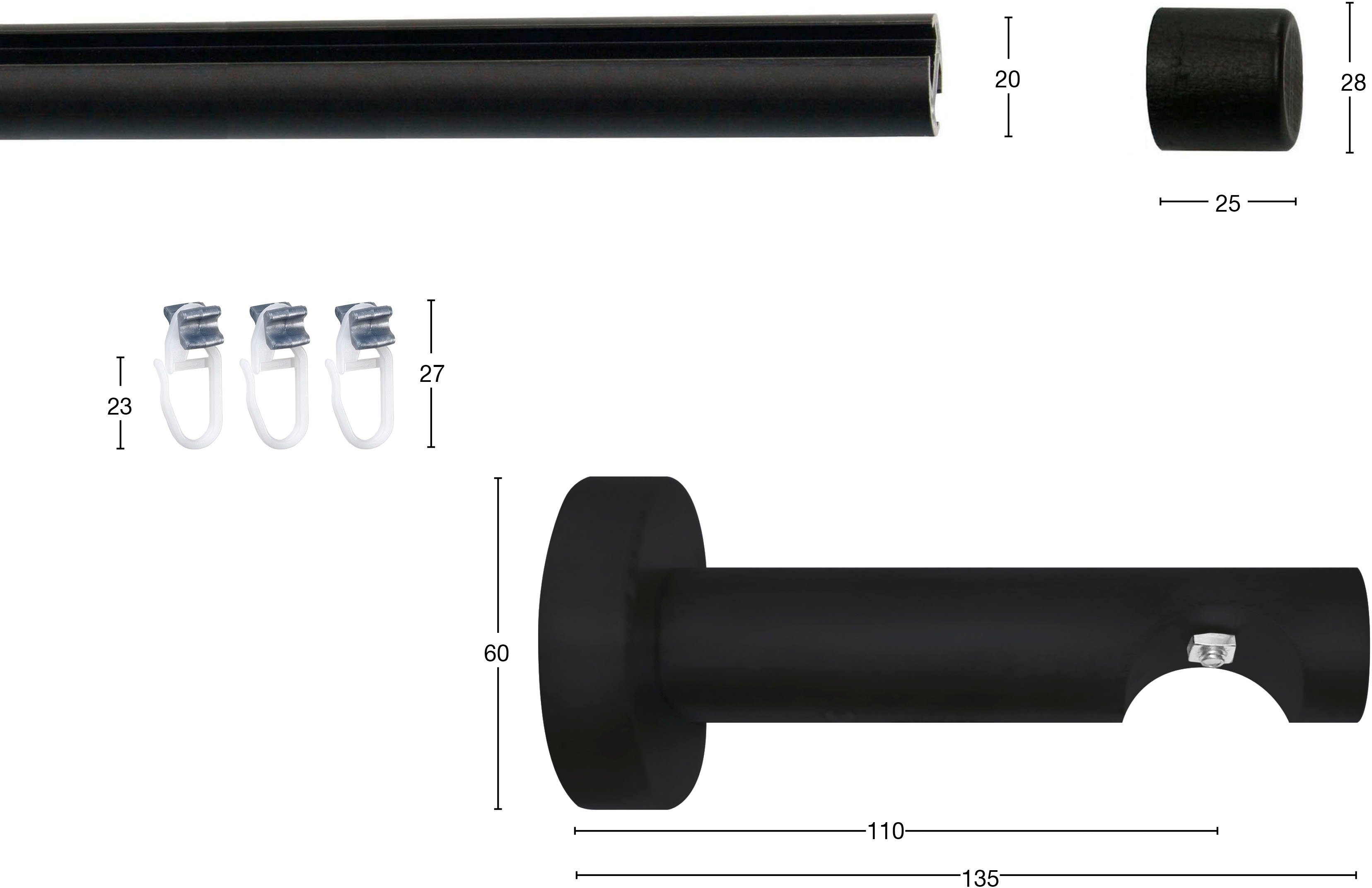 Gardinenstange KEA, GARESA, Ø 20 mm, 1-läufig, Wunschmaßlänge, mit Bohren, verschraubt, Aluminium, Holz, Kunststoff, Vorhanggarnitur, mit Profilverbinder verlängerbar, Wandmontage, Kappe