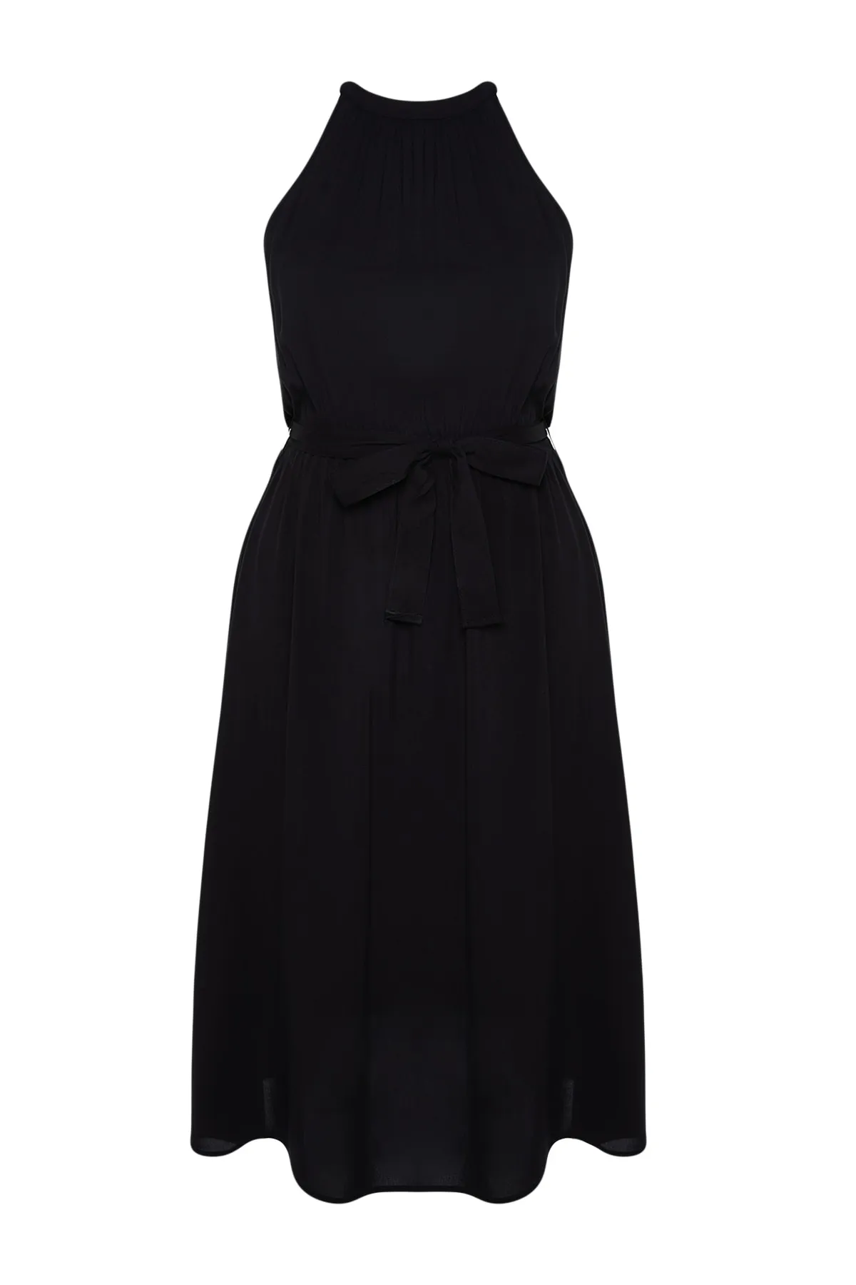 Trendyol Curve  Schwarzes Neckholder-Webkleid mit Gürtel TBSSS22EL1545