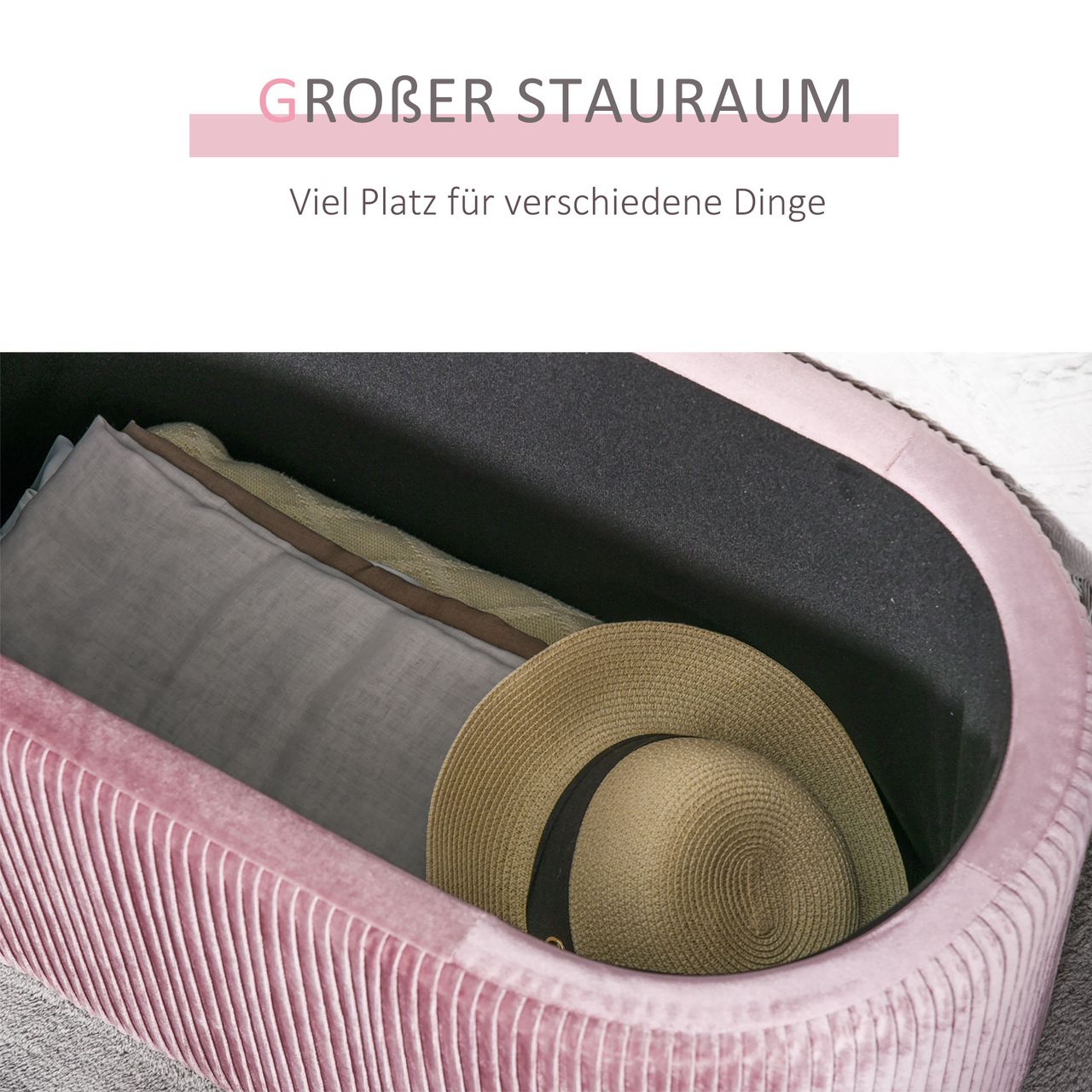 HOMCOM Sitzbank Polsterbank mit Stauraum Truhenbank für Wohnzimmer französische Stil Samt elegant Rosa 81 x 40 x 41 cm