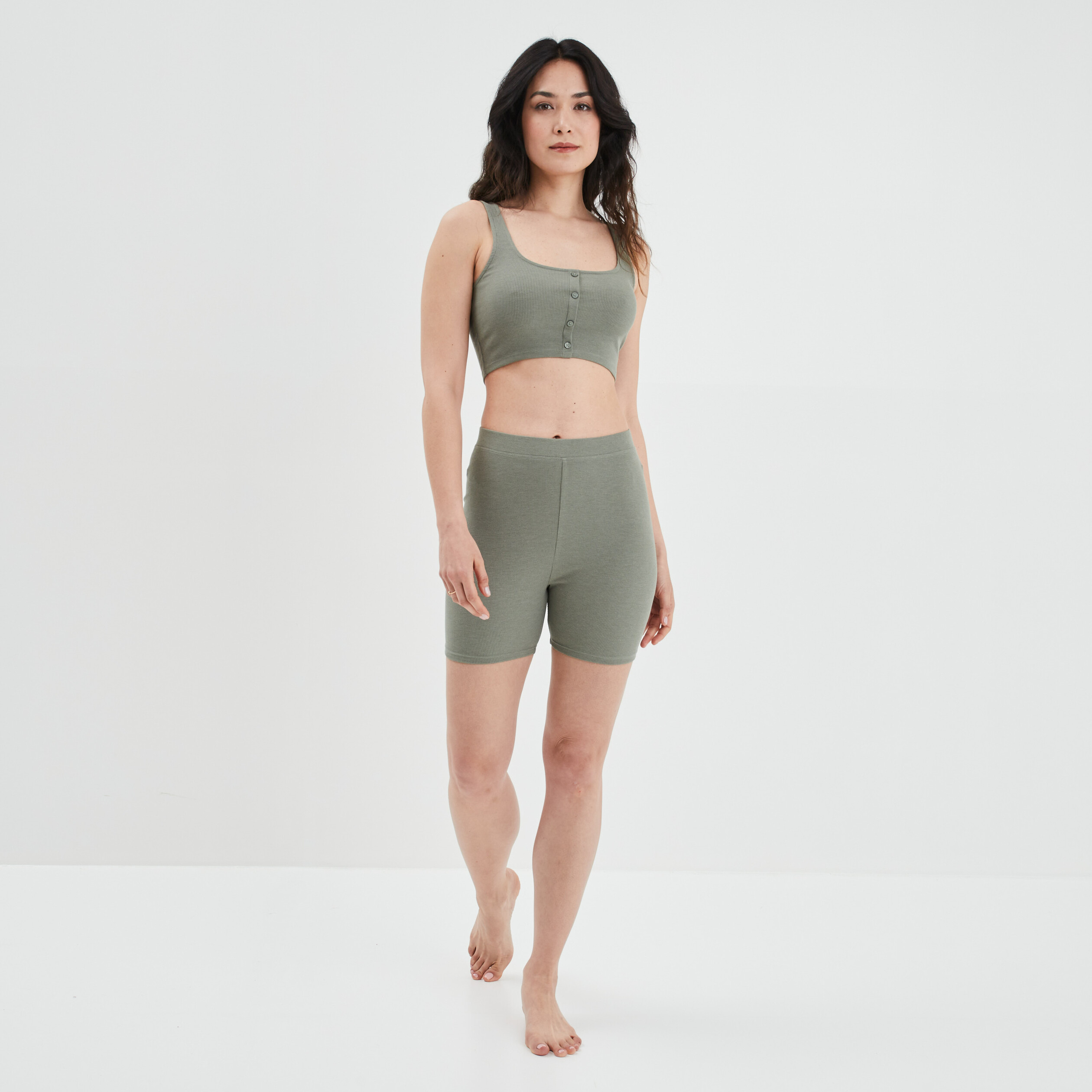 Débardeur cropped côtelé à boutons vert kaki femme | La Halle
