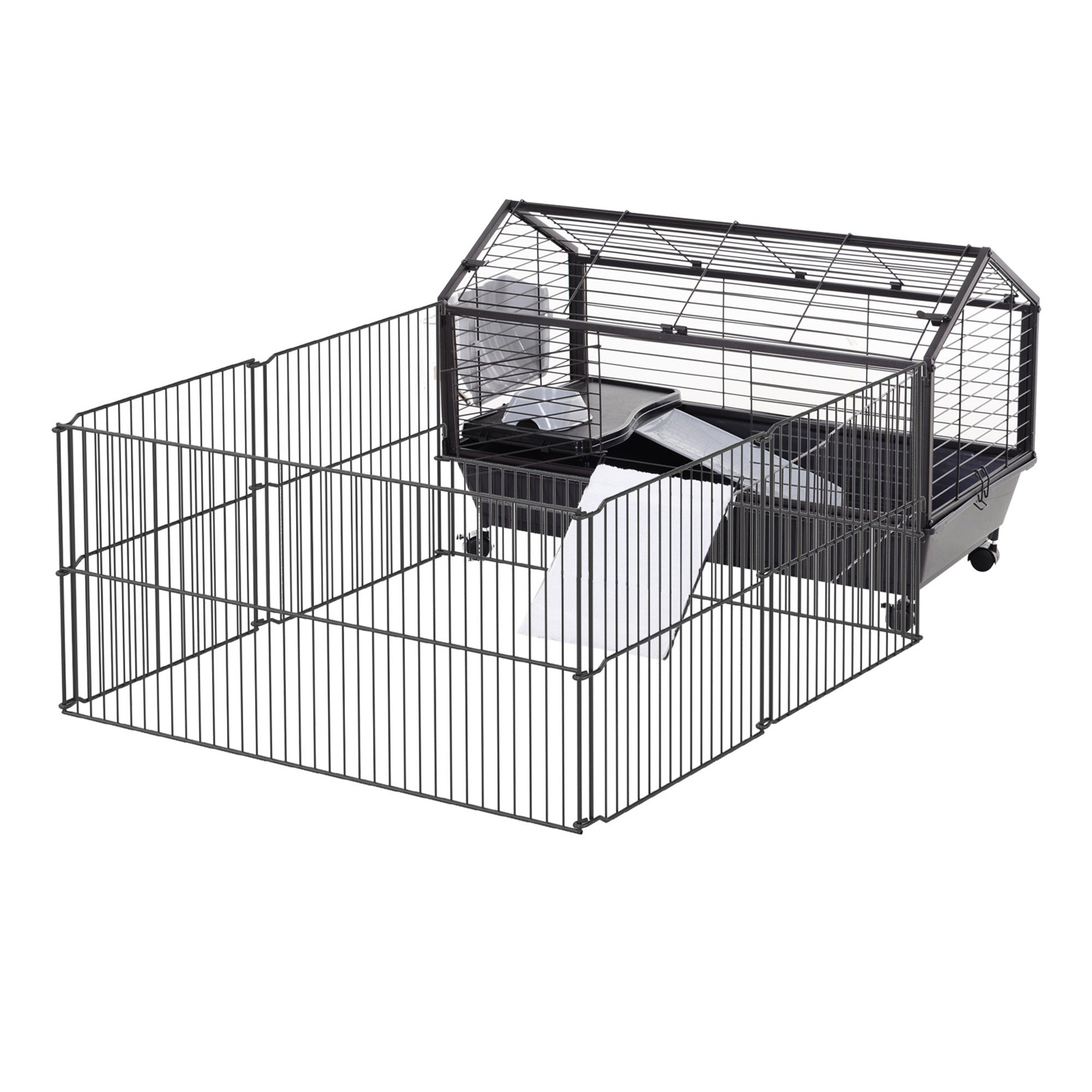 PawHut Kleintierkäfig mit Freigehege inkl. Zubehör 4 Rollen Kleintier mit Garten Metall, 88L x 128.5B x 56H cm