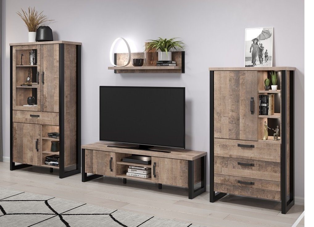 trendteam Wohnwand Wohnwand Anbauwand Emile 1, Eiche Tabak / Schwarz, 4-teilig, (4-St)