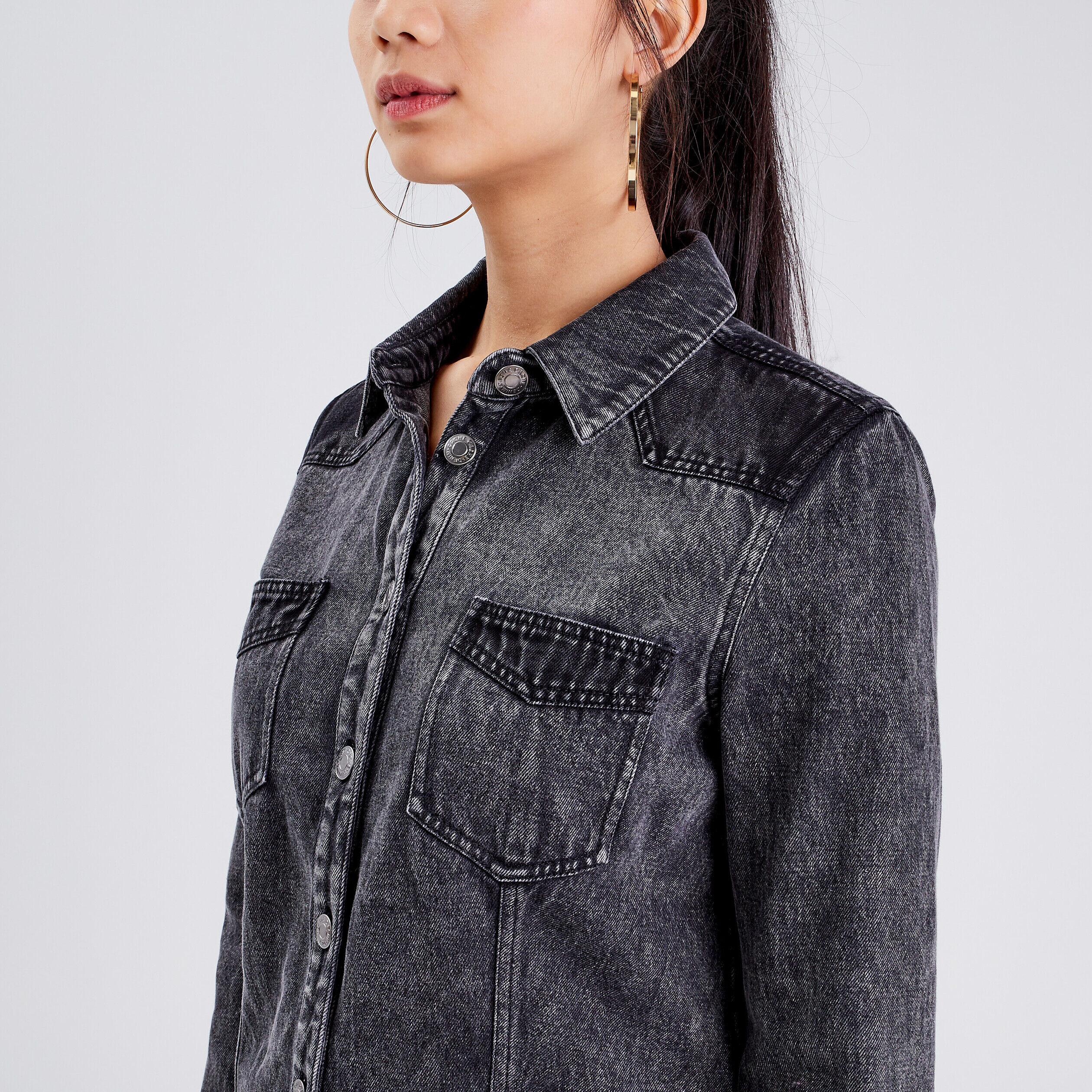 Chemise manches longues denim gris femme | Cache Cache