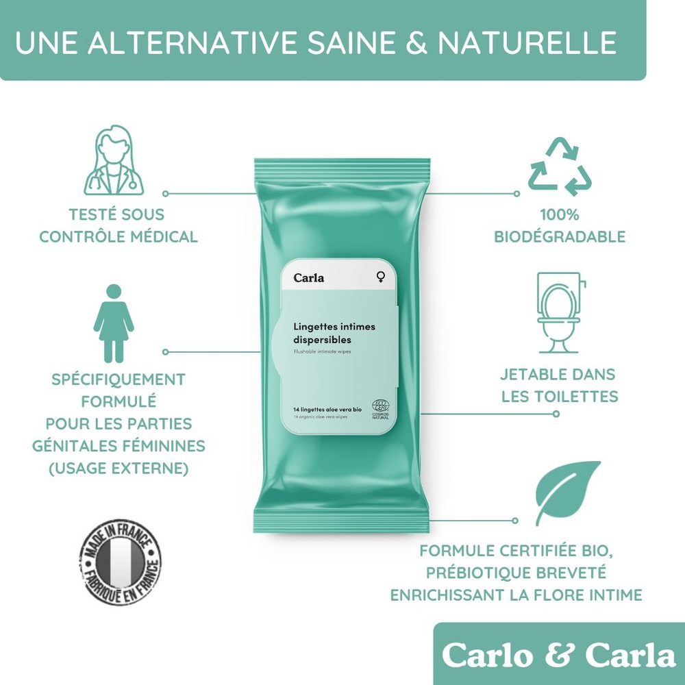 carlo & carla Paquet de 14 lingettes intimes pour femme biodégradables certifiées bio Lingettes intimes pour femme