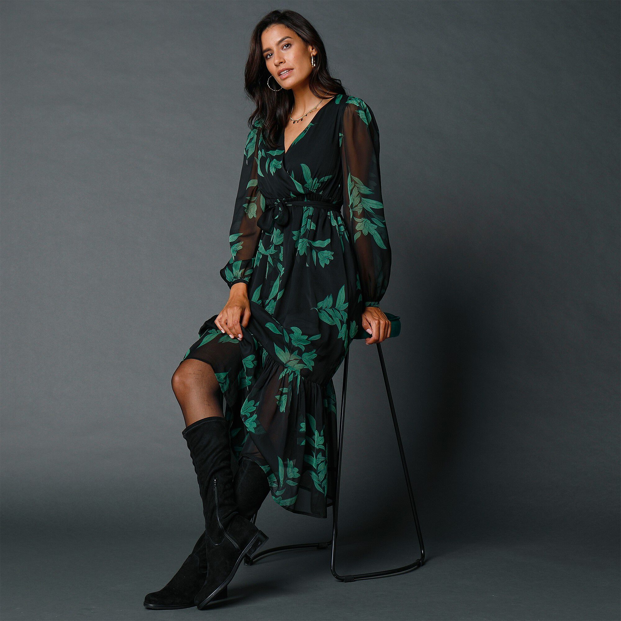 Robe longue volant, voile imprimé
