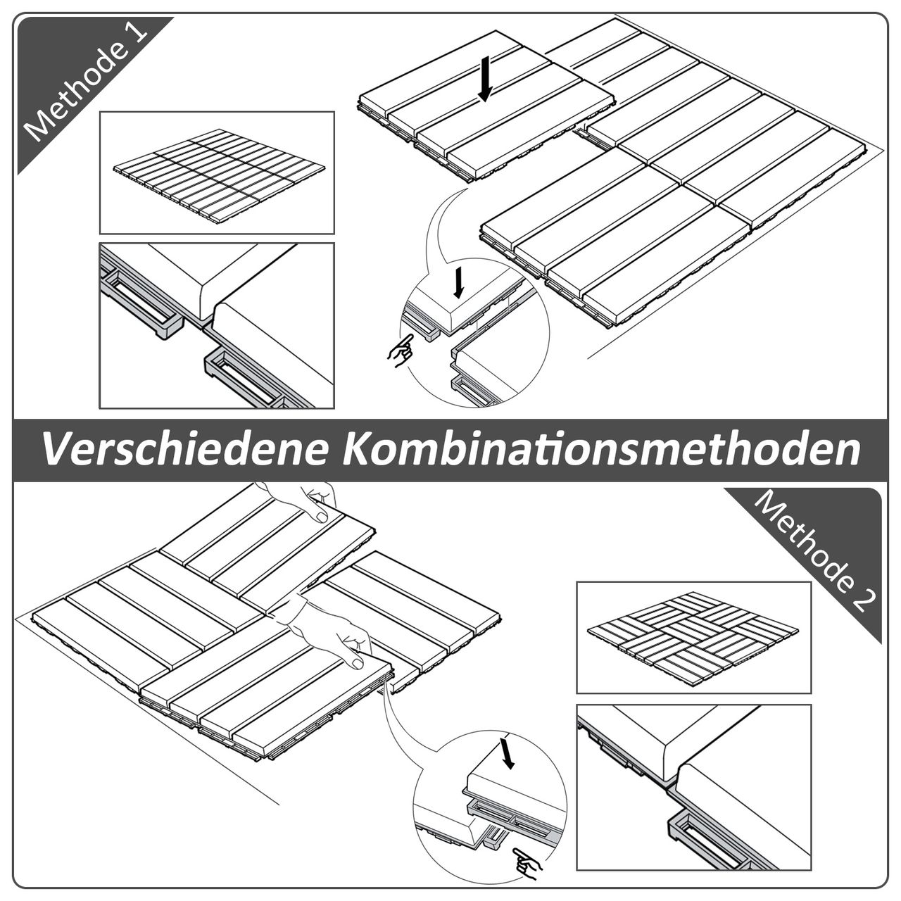 Outsunny 9 er Set Terassenfliesen Balkon Patio 30 x 30 cm Garten-Klickfliese Bodenbelag Bodenfliese Innen Außen Kunststoff Schwarz