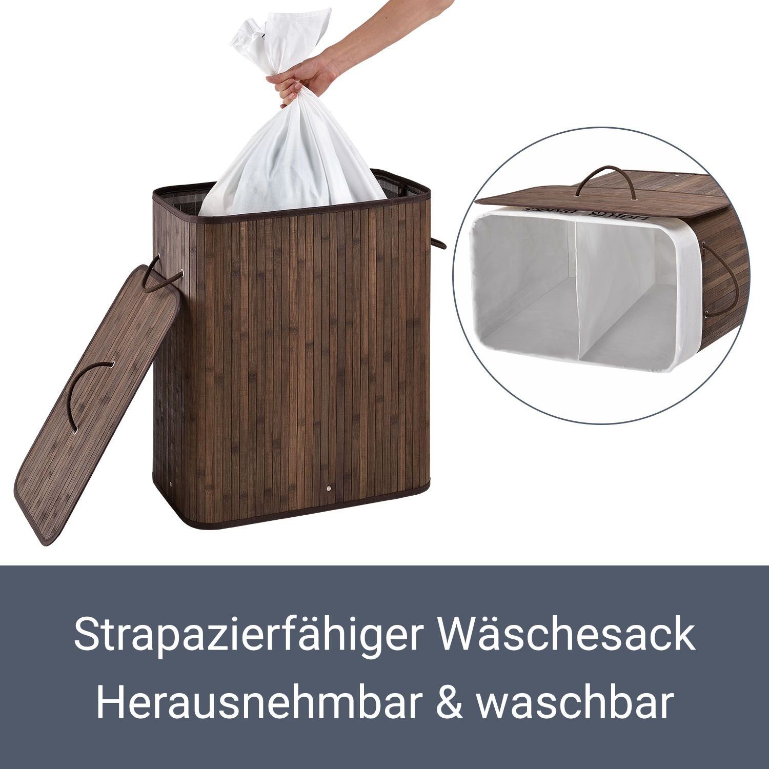 Juskys Wäschekorb Curly 100 L, 100 l, 2 große Fächer, mit Tragegriffe, Deckel, Wäschesack waschbar