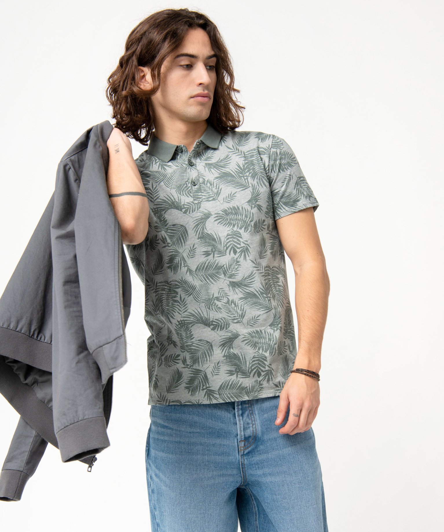 POlo homme à manches courtes et imprimé feuillages vert | GEMO