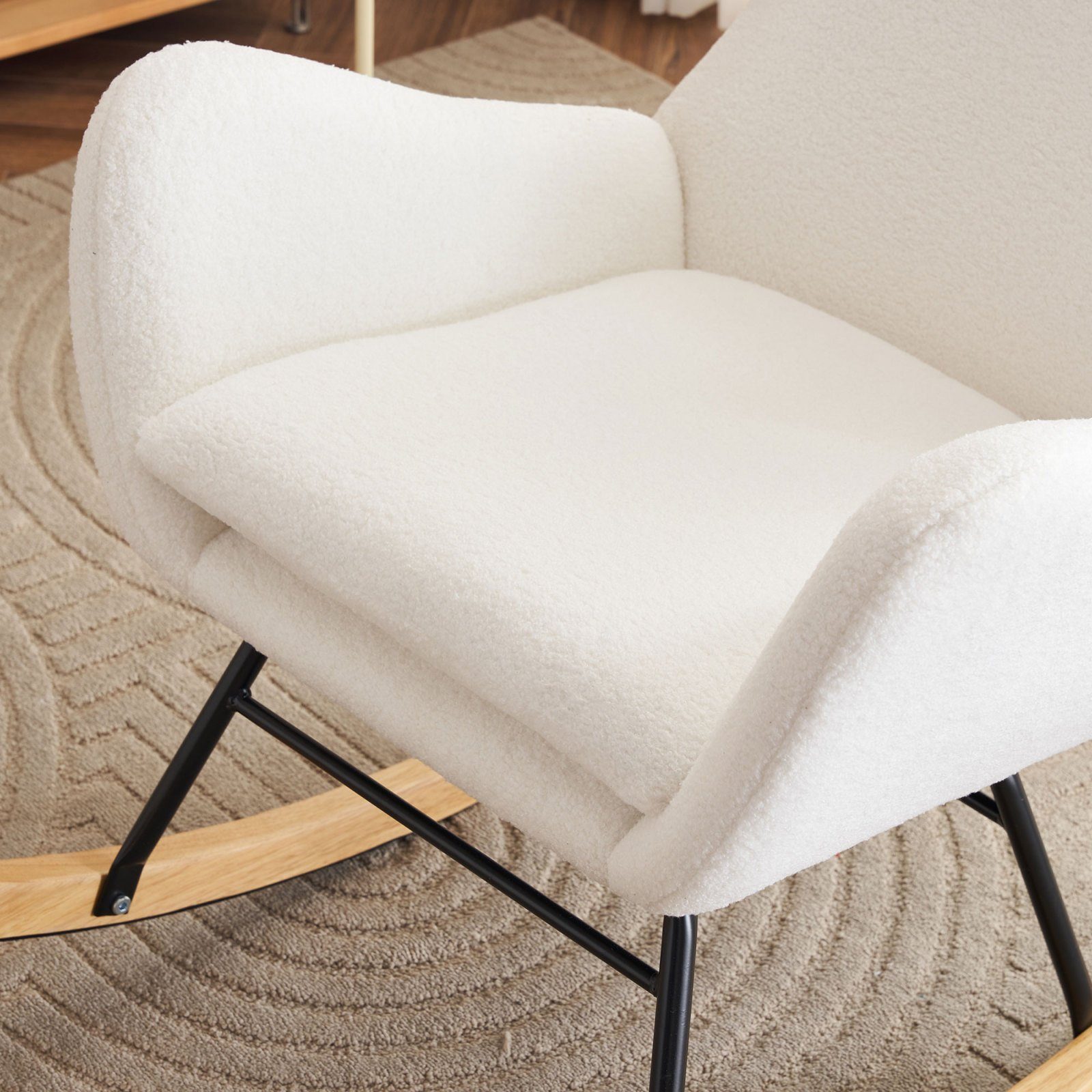 FUROKOY Schaukelstuhl Teddy-Samt-Einzelsofastuhl mit hoher Rückenlehne,Freizeitschaukelstuhl, Schaukelsessel 68x96x90cm, verstellbare Rückenlehne, Schwarz