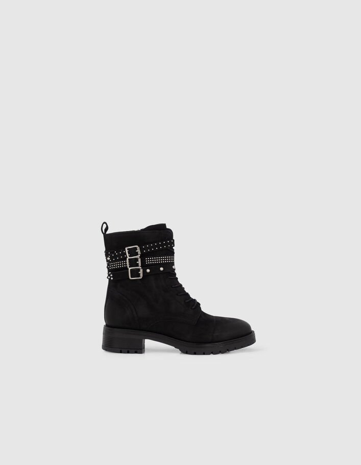 Boots à lacet noirs cuir à brides cloutées Femme