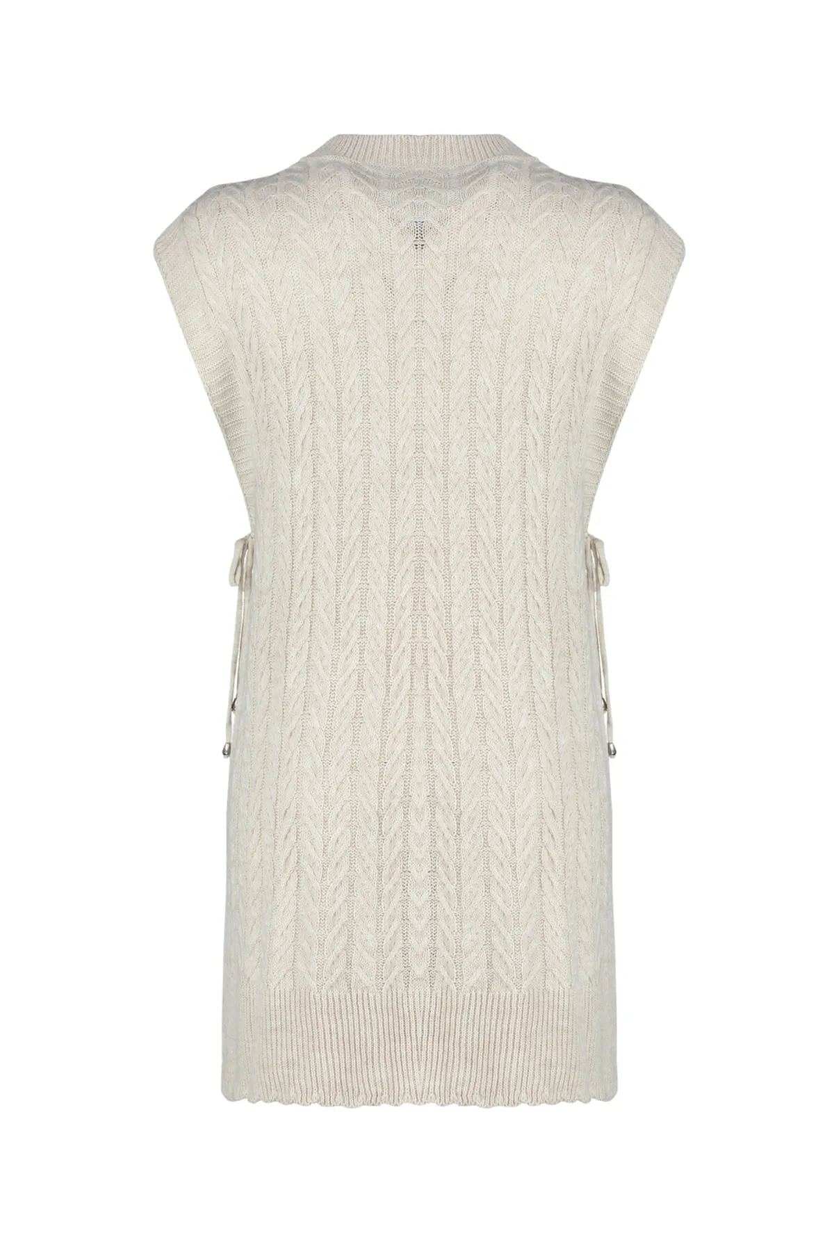 Trendyol Modest  Beigefarbener Strickpullover mit Krawatte und V-Ausschnitt TCTAW24UV00014