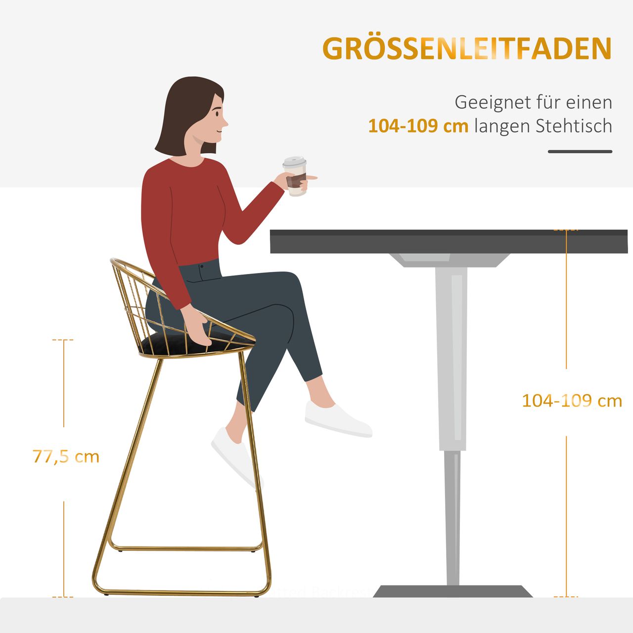HOMCOM 2er-Set Barhocker mit Rückenlehne Bistrohocker Barstuhl Metall Gold