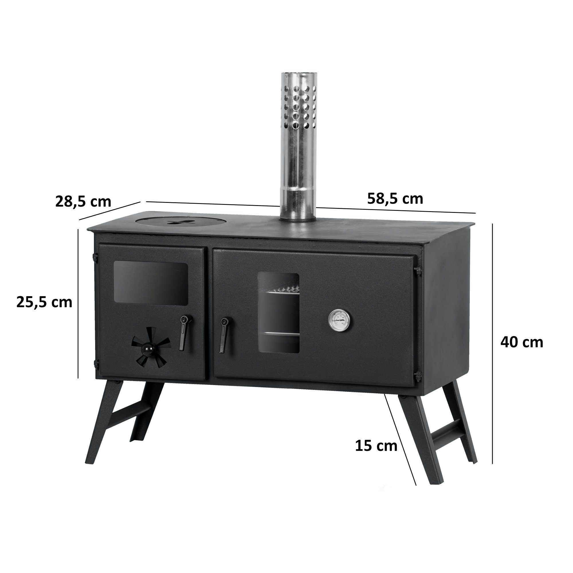 CampFeuer Feuerstelle Zeltofen, 28,5 x 58,5 x 260 cm, Zeltheizung, Holzofen für Camping