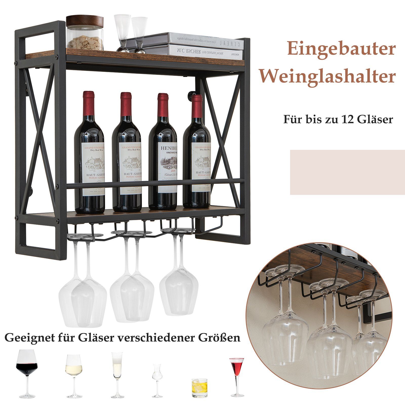 COSTWAY Weinregal, Wand, Holz mit Metallrahmen, Weingläserhalter, 20x60x55cm