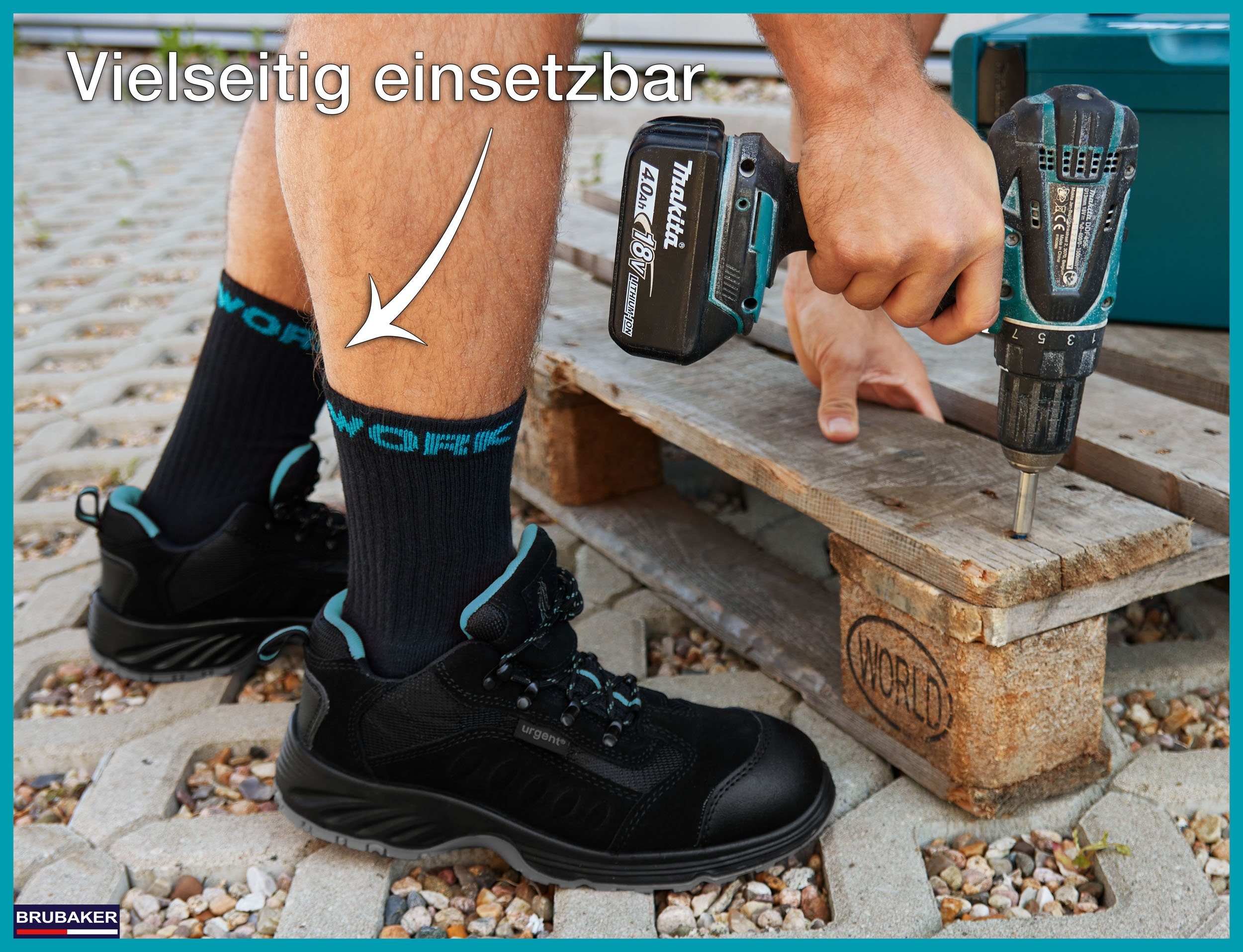 BRUBAKER Arbeitssocken für Herren - 10 oder 20 Paar Work Socken - Schwarz Türkis (Verstärkter Fersen und Zehenbereich, 10-Paar, Work Socks Arbeitssocken aus Baumwolle) Robuste Funktionssocken für optimalen Halt auf der Arbeit
