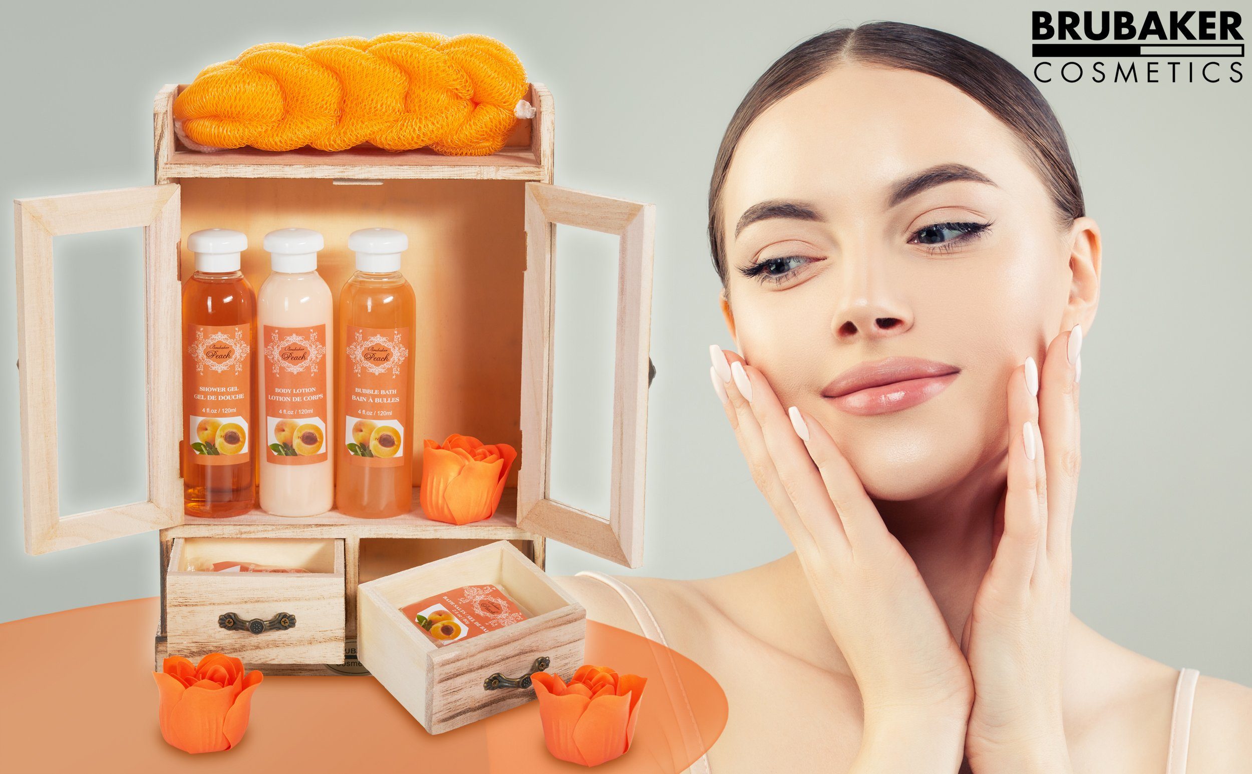 BRUBAKER Pflege-Geschenkset 2 in 1 Pflegeset Pfirsich & Aloe Vera - Wellness Set, 15-tlg., Damen Dusch- und Badeset - Frauen Beauty Geschenkset mit Dekoration