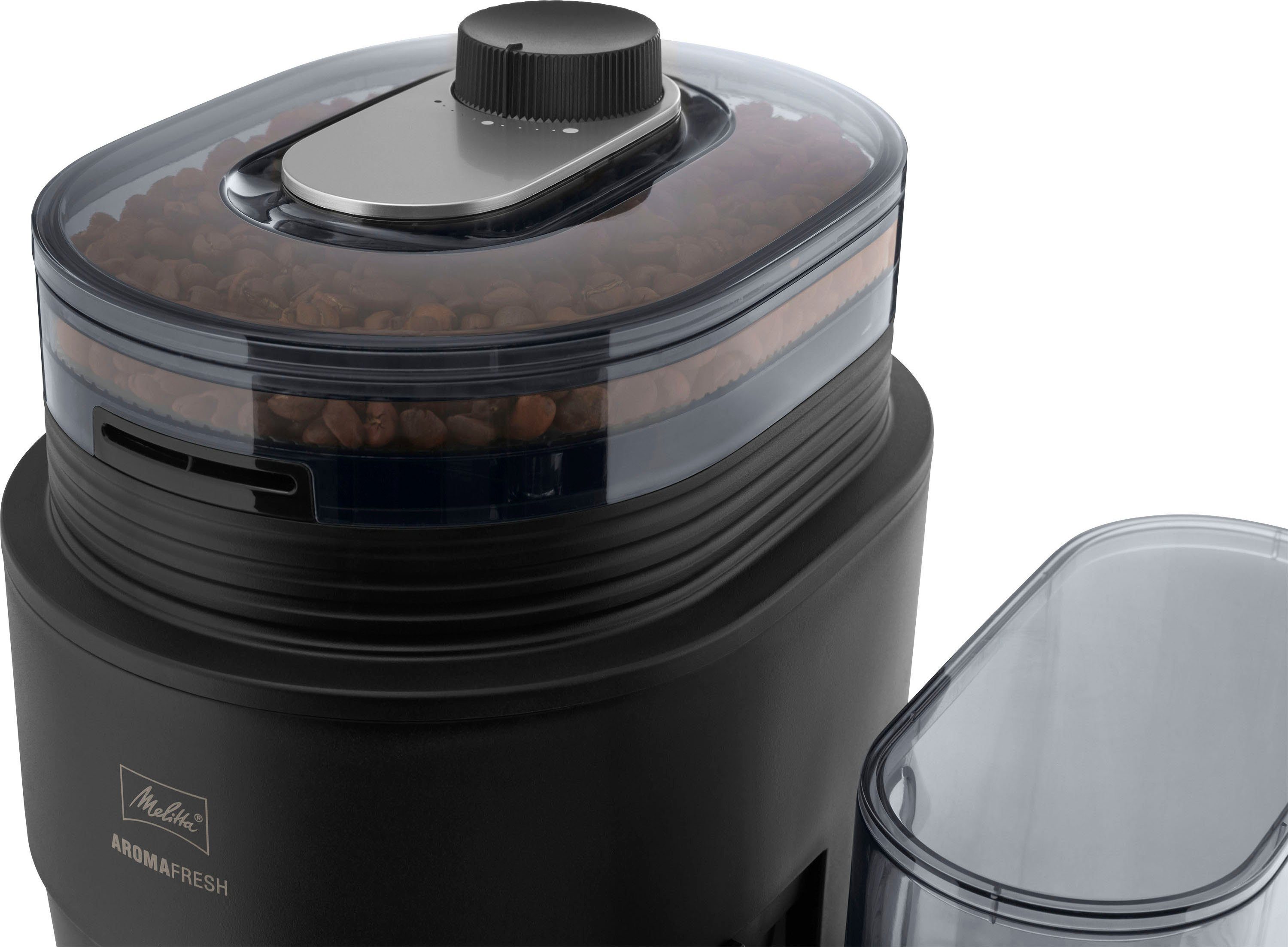 Melitta Kaffeemaschine mit Mahlwerk AromaFresh X 1030-06, 1,25l Kaffeekanne, Papierfilter 1x4, 11 Mahlgradeinstellungen,Kaffeebohnen/-pulver, Timer,Warmhalteplatte