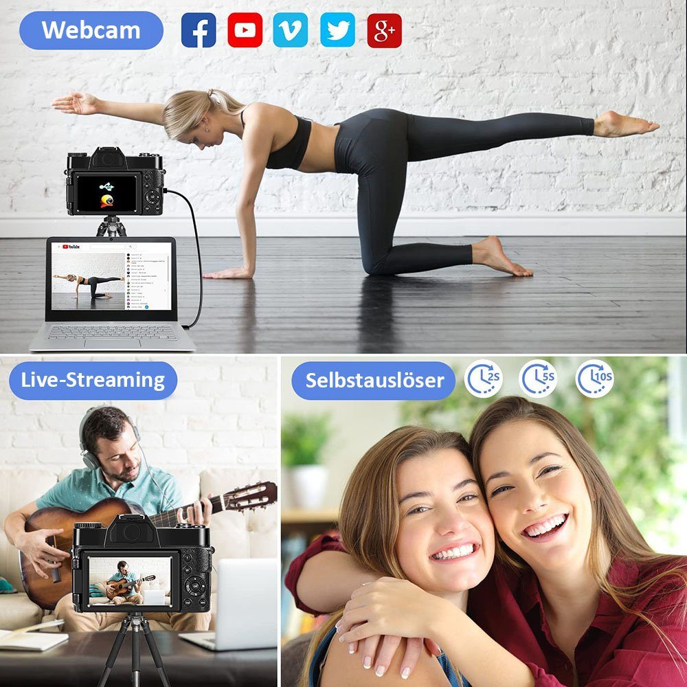 Fine Life Pro 4K Ultra HD R10 Digitalkamera Systemkamera (48 MP, 16x opt. Zoom, WLAN (Wi-Fi), inkl. 4K-Videofunktion, 5 Serienbildfunktionen, 16-facher Digitalzoom, Kostenlose 32-GB-Speicherkarte, 30FPS)