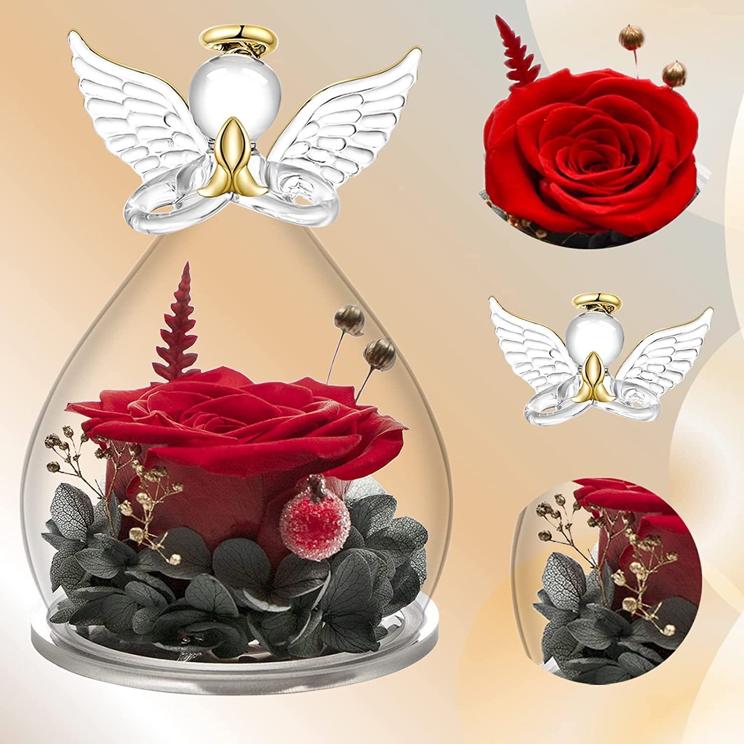 Kunstblume Ewige Rose mit Engel Figur,Geschenke für Mama,Oma Geschenk Weihnachten, Bedee, Höhe 13 cm, Geschenk für Frauen,Ewige Blume in Engel Glaskuppel für Frauen