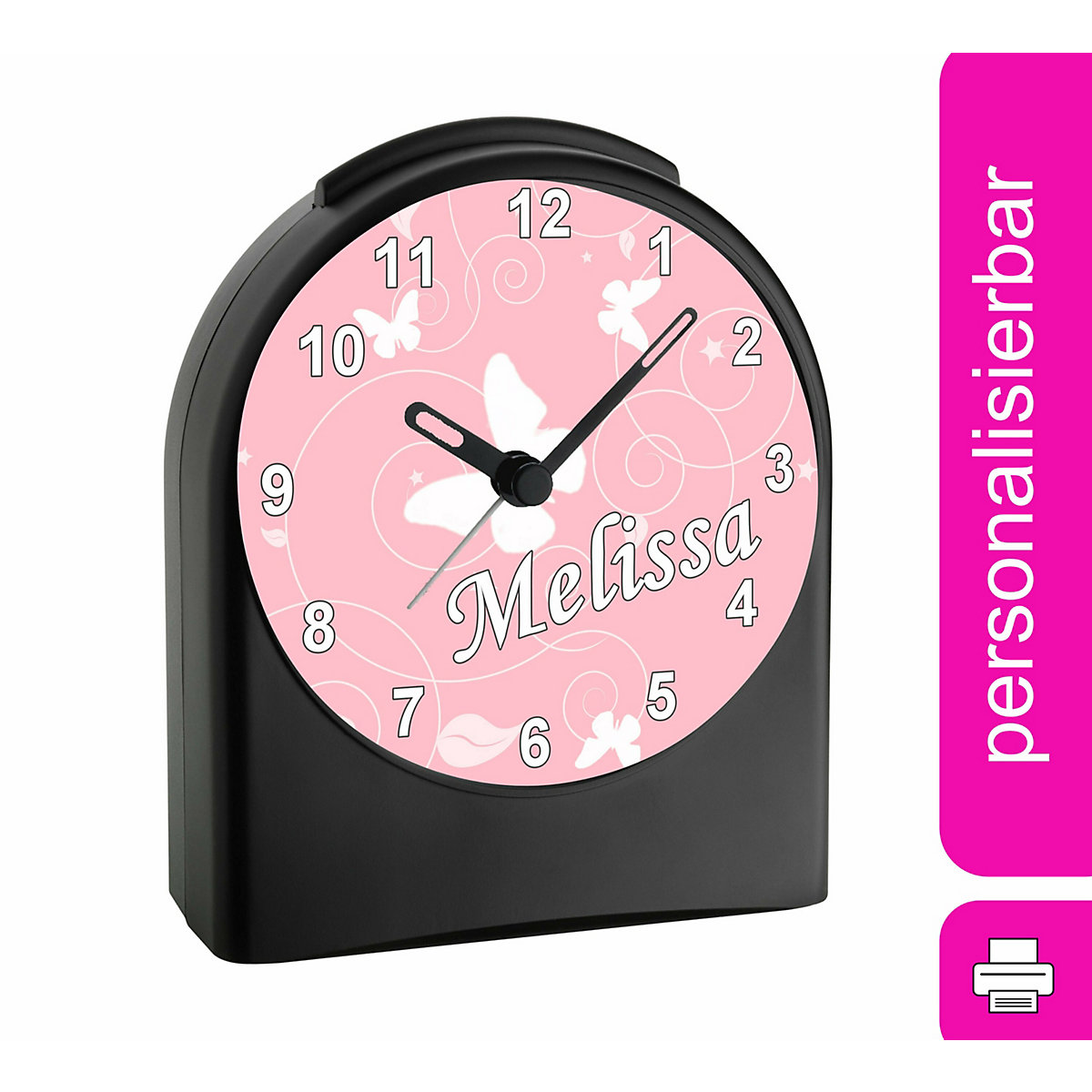 Kinder Funkwecker personalisiert mit Namen Schmetterling Ornamente Atom-/Funkuhr, 12-Stunden-Anzeigeformat, Schlummerfunktion, Nachtlicht, Geräuschlos/Ohne Ticken