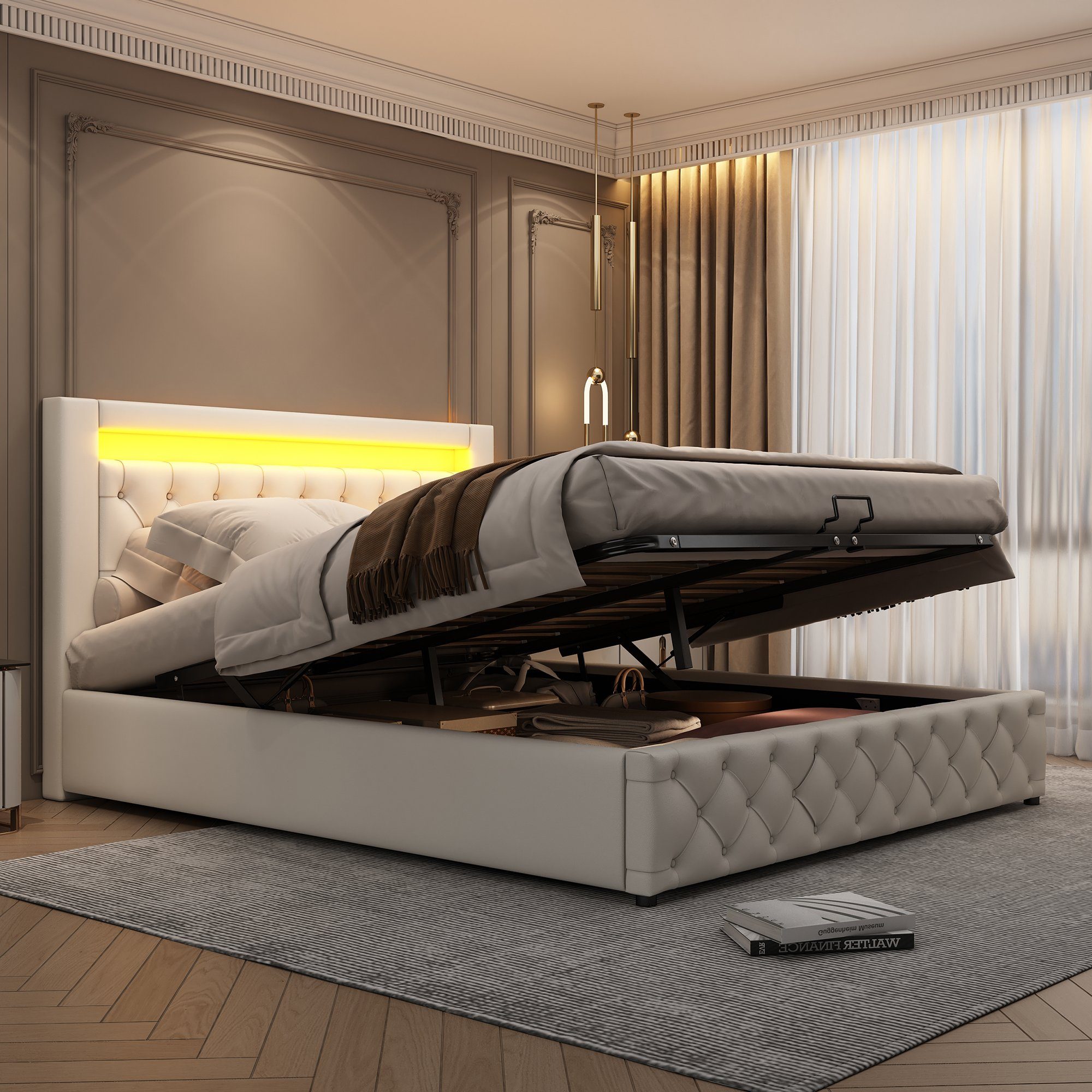 REDOM Polsterbett Polsterbett Doppelbett Stauraumbett Bett mit Lattenrost ohne Matratze (Leder, Hydraulisch 140 x 200 cm/180 x 200 cm), Funktionsbett mit Lattenrost und Stauraum, Mit LED-Beleuchtung