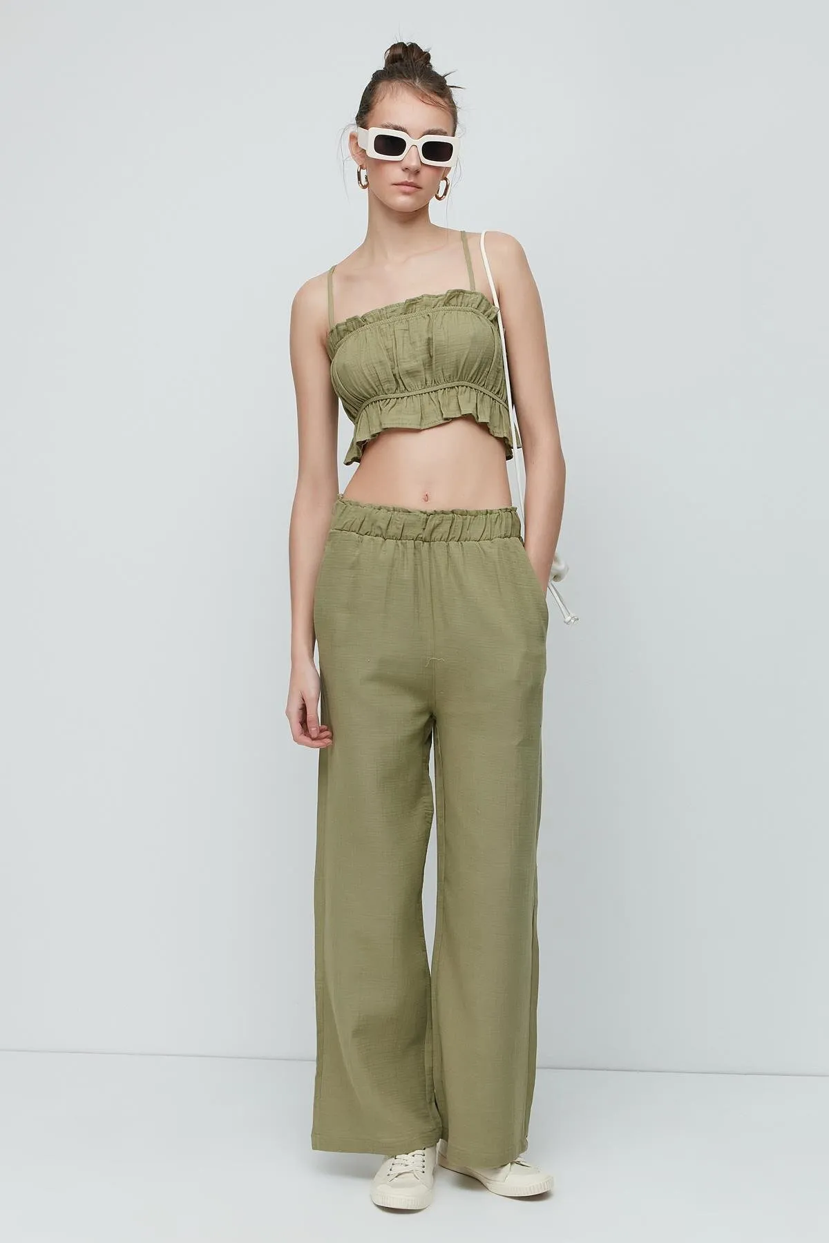 C&City  Crop-Bustier-Hosen-Set aus Bio-Baumwoll-Musselin 9124 Khaki