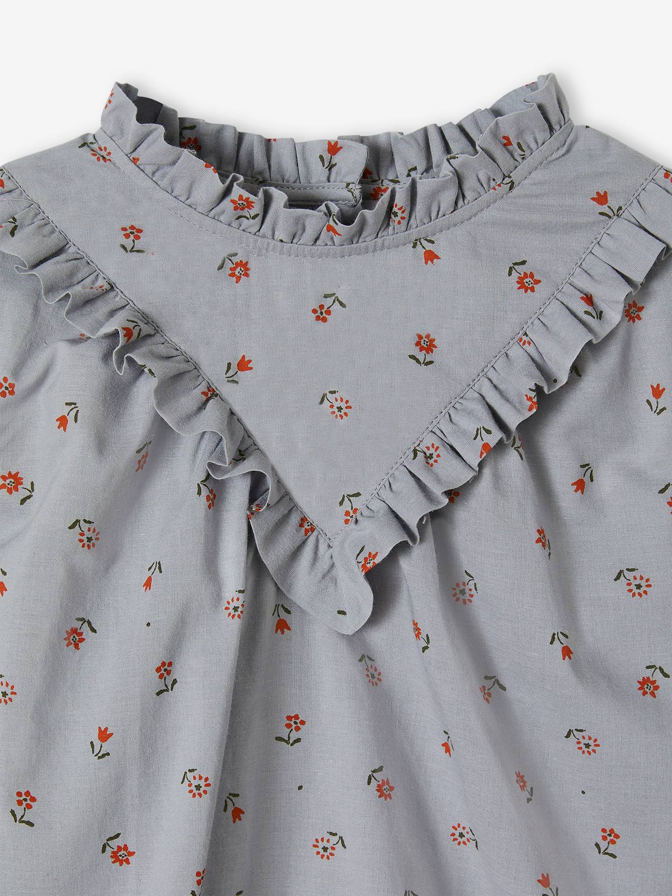 Blouse victorienne motifs fleurs fille bleu grisé imprimé