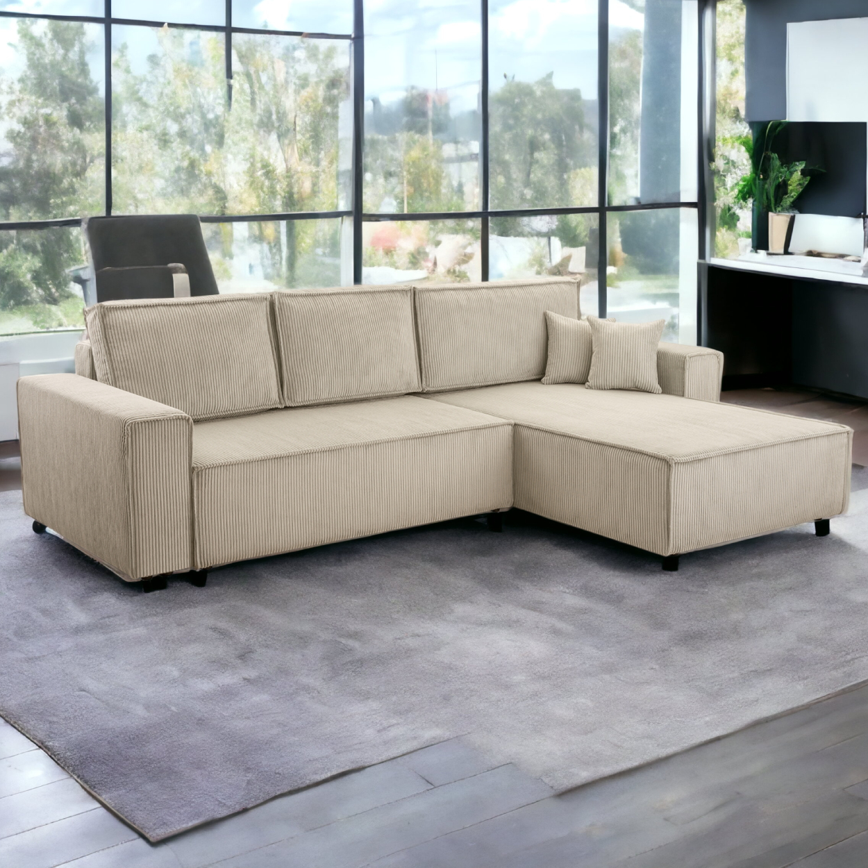 Möbel Punkt Wohnlandschaft Ecksofa Beige Genf Cord XL mit Bett Kopfteilverstellung Bett Sofa Schlafsofa Ottomane rechts links universell