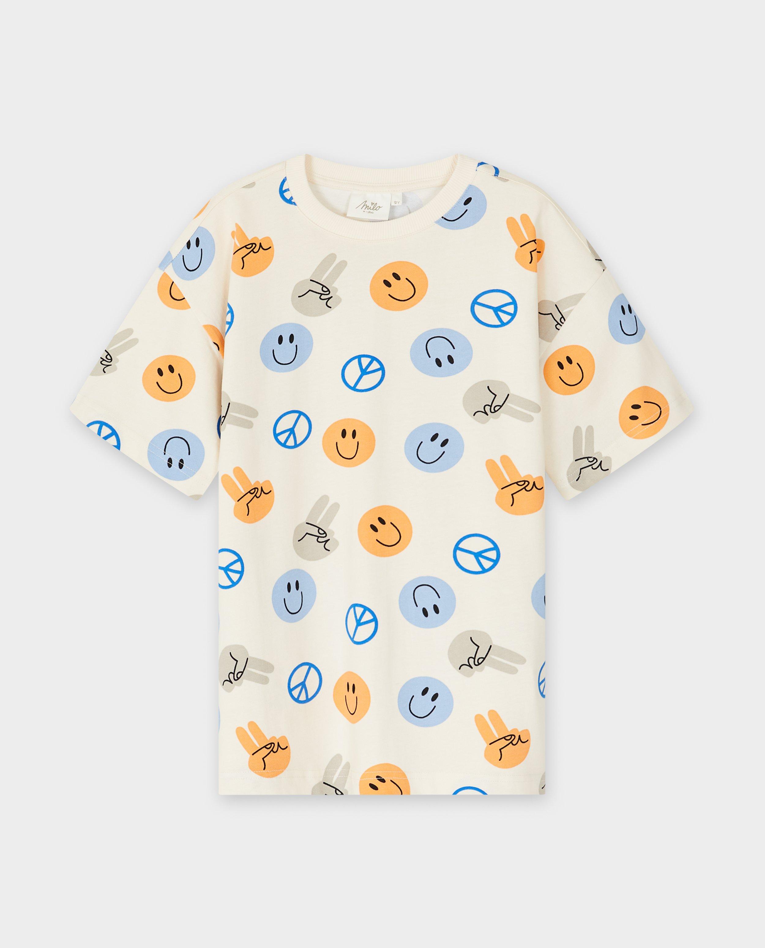 Tricou Milo cu imprimeu zâmbitor, croială lejeră, 6-14 ani, alb