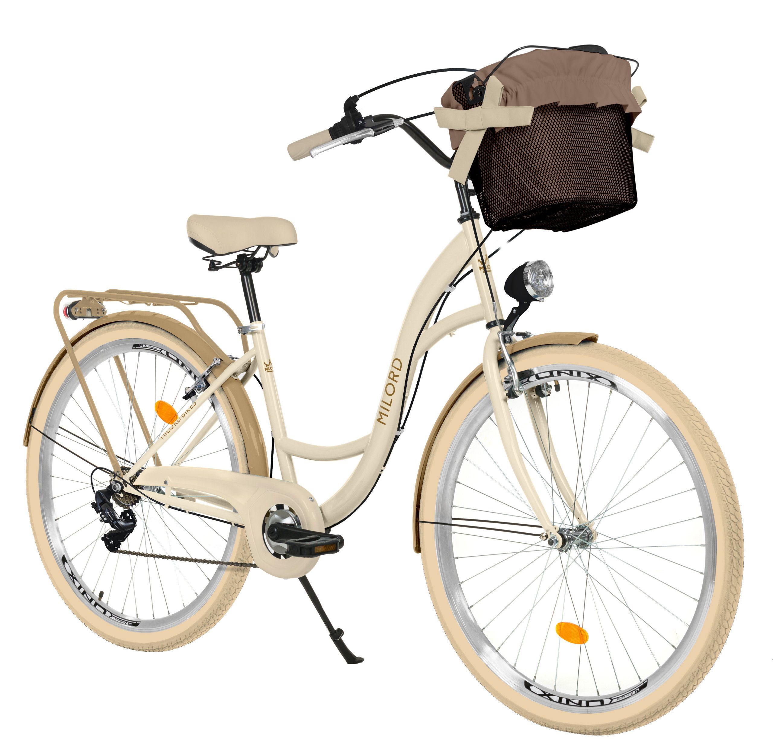 MILORD BIKES Cityrad Milord City Fahrrad Korb Damenfahrrad, 28/26 Zoll, Creme-Braun, 7-Gang, 7 Gang, Kettenschaltung