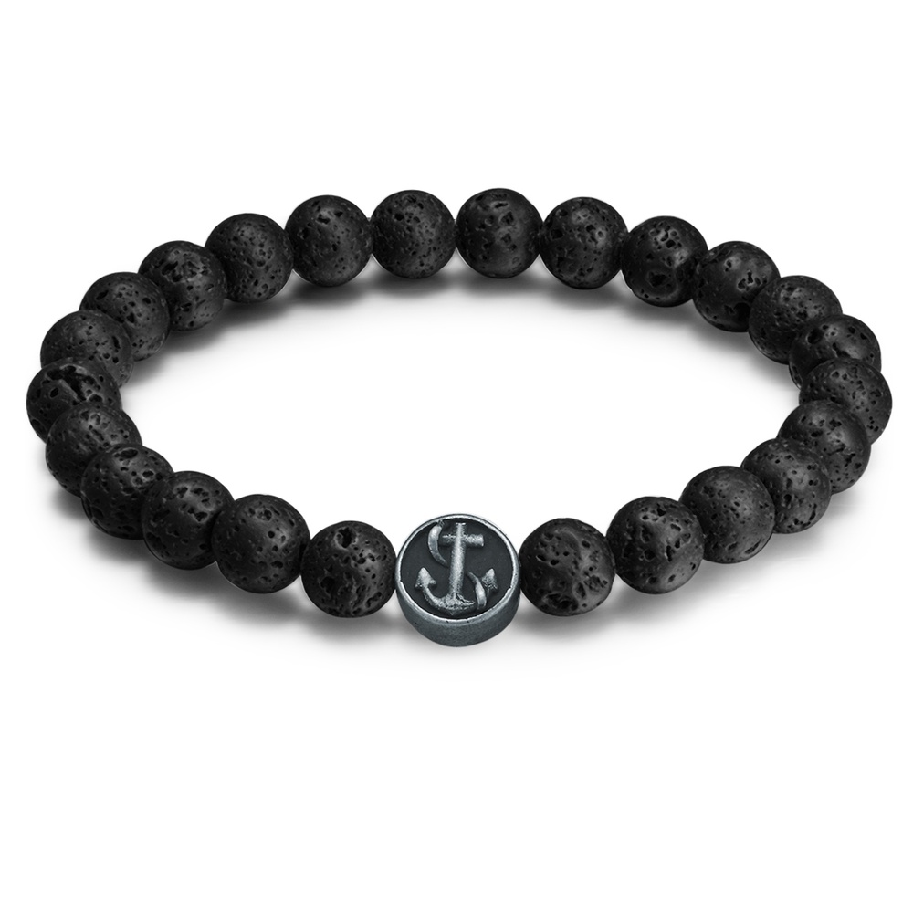 True Rebels Bracelet en pierres précieuses Ancre Acier inoxydable Pierre de lave Noir Bracelet