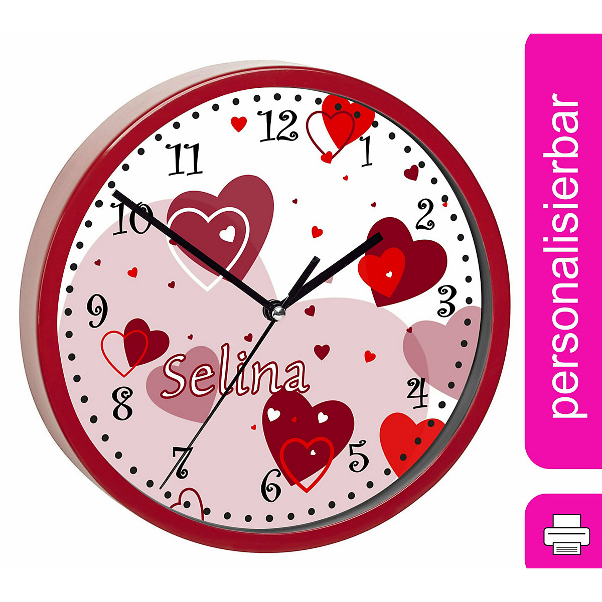 Kinder Wanduhr personalisiert mit Name Herz Rot