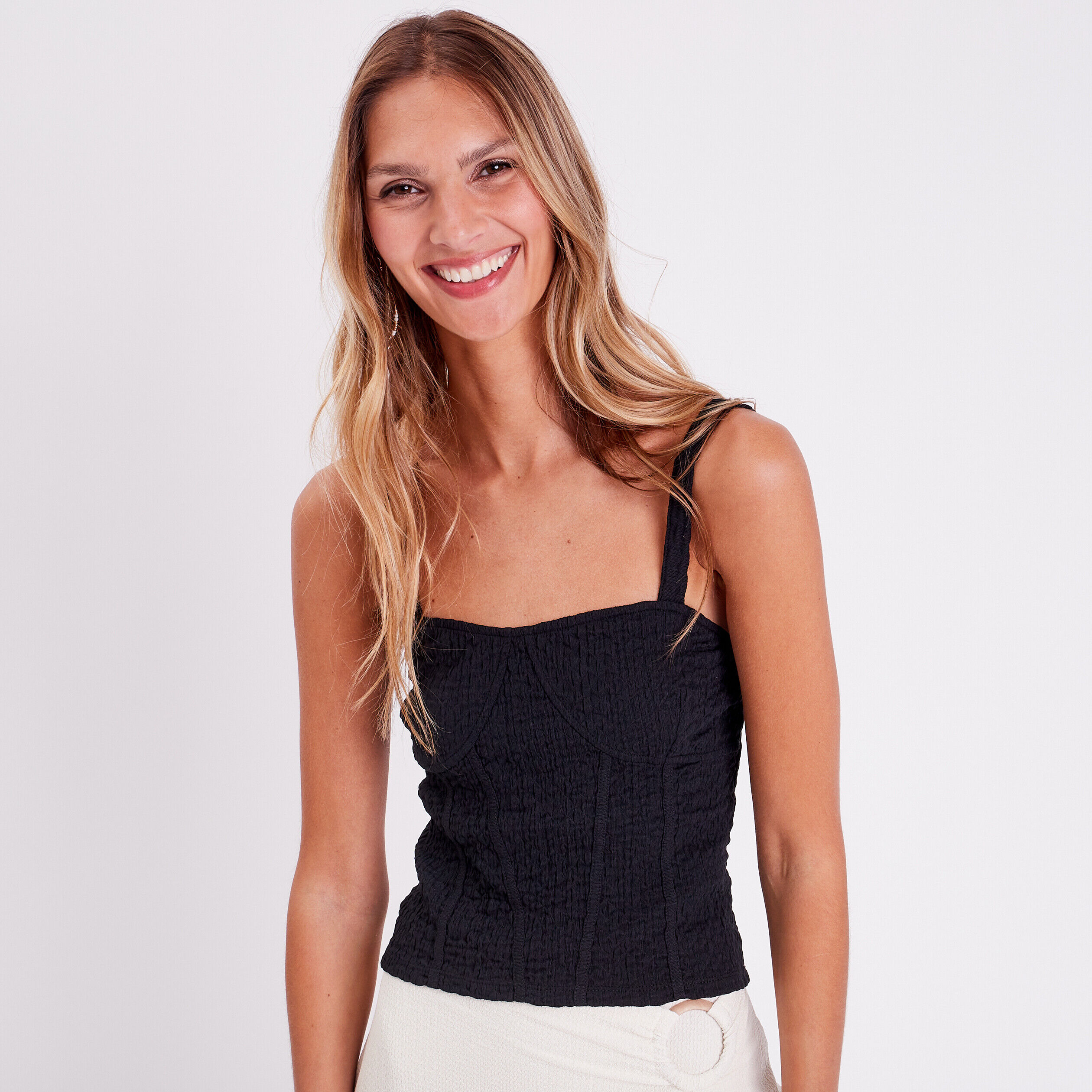 Débardeur bustier gauffré noir femme | Cache Cache