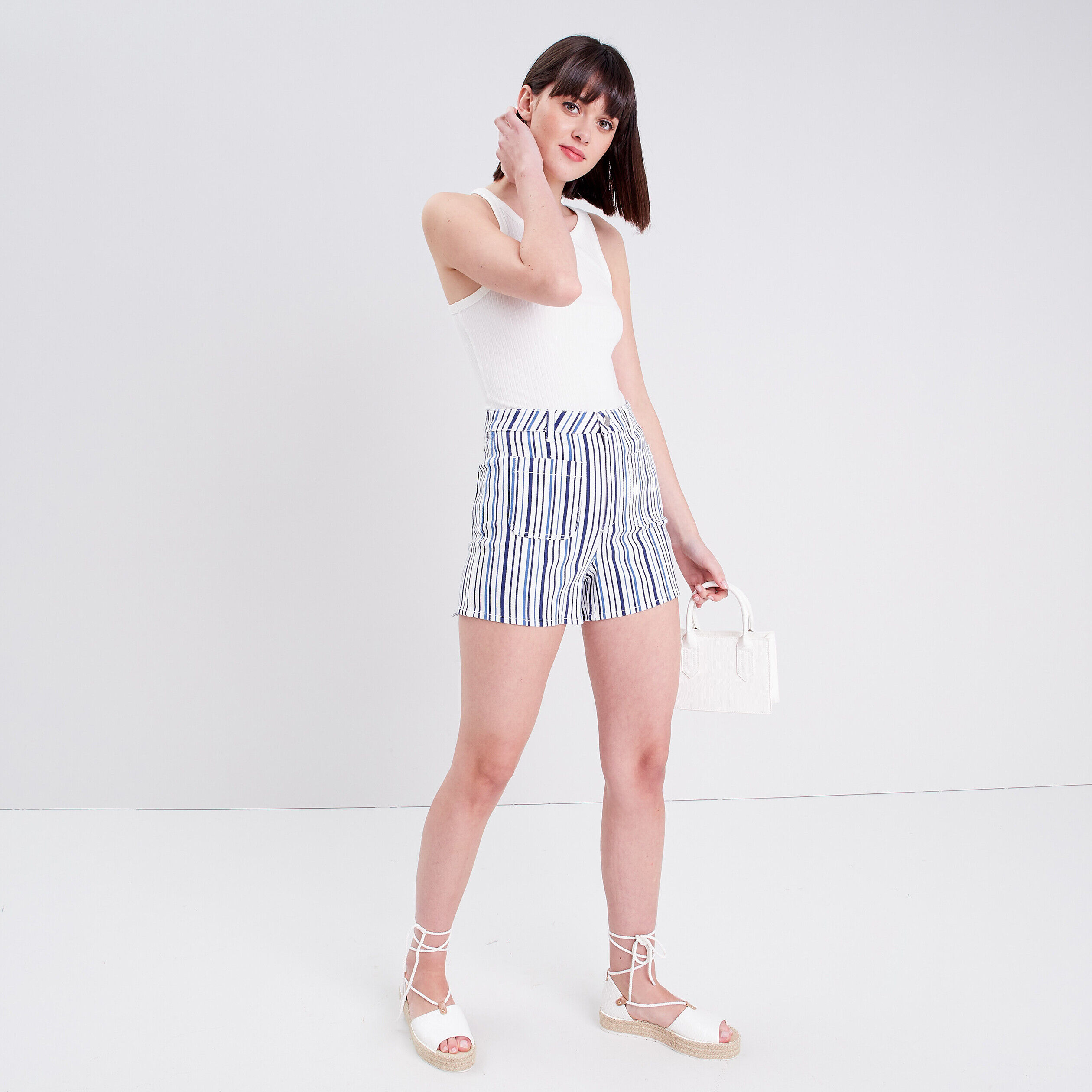 Short ajusté taille haute denim blanc femme | Cache Cache
