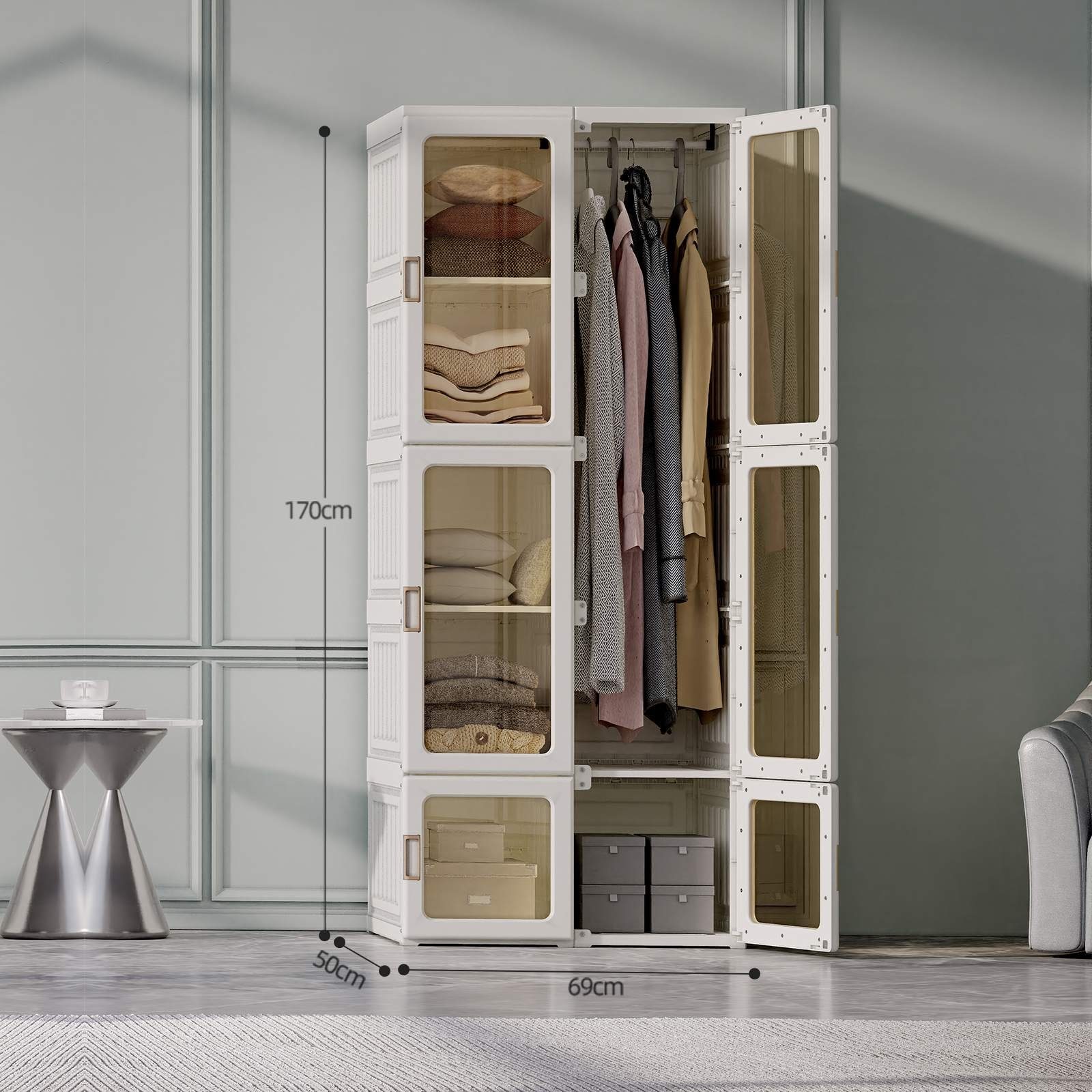 BlingBin Kleiderschrank 69 x 170 x 50 cm Faltbarer Mehrzweckschrank mit Stange (1er Set, 1-St., 1er Set) Faltbarer Mehrzweckschrank mit Stange, magnetische Türen
