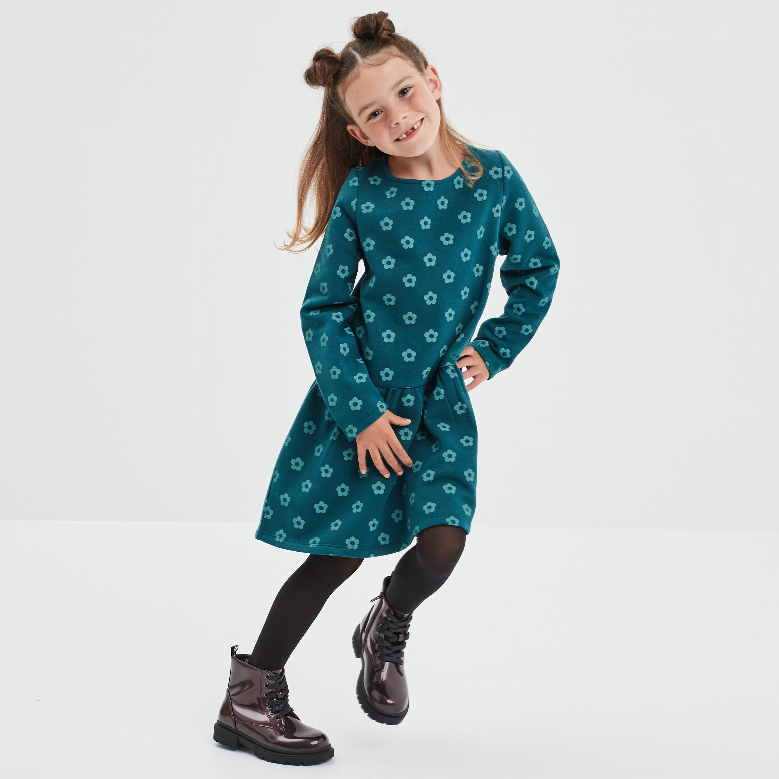 Robe molleton volantée manches longues vert foncé fille | La Halle