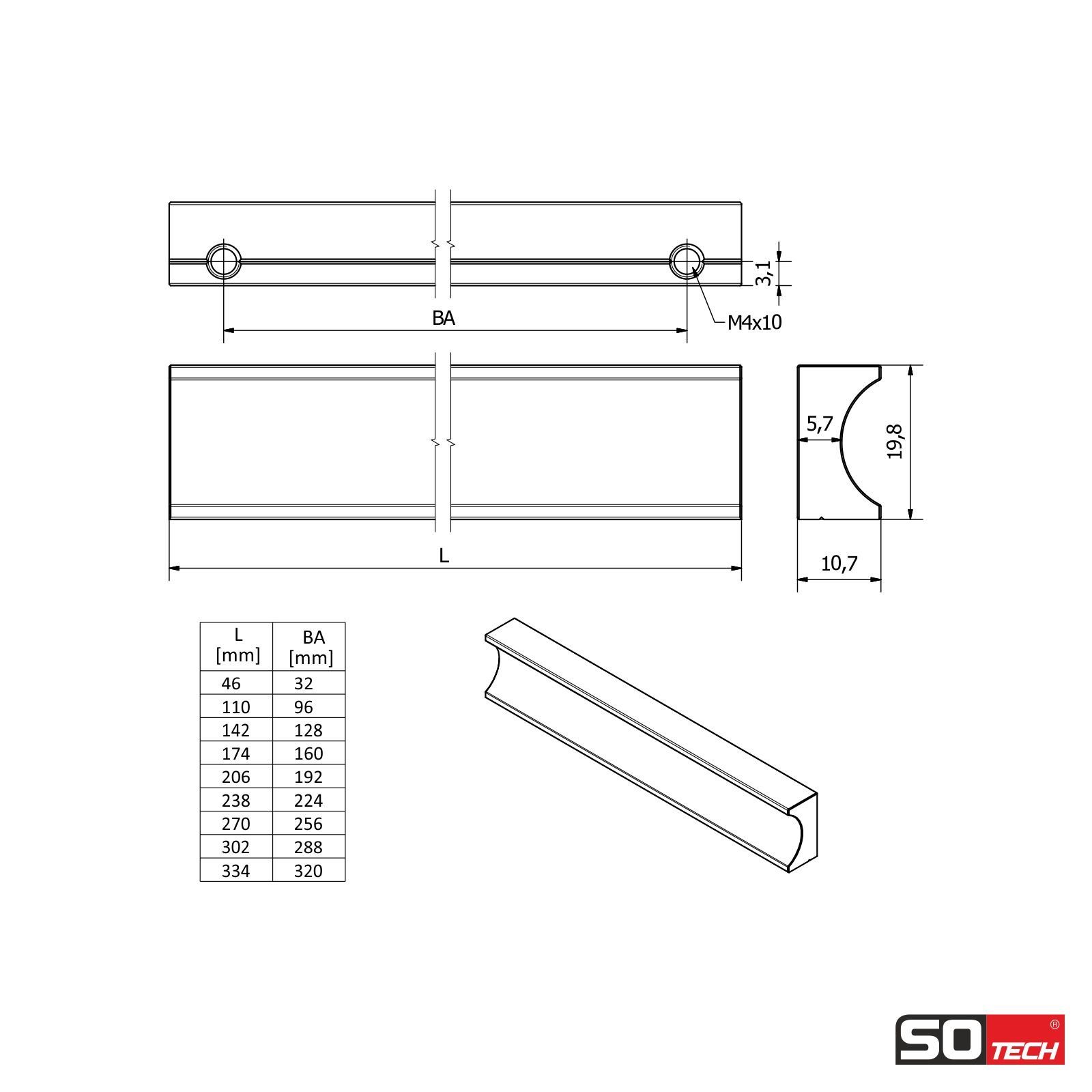 SO-TECH® Möbelgriff GÖTEBORG Aluminium eloxiert BA 96 - 320 mm
