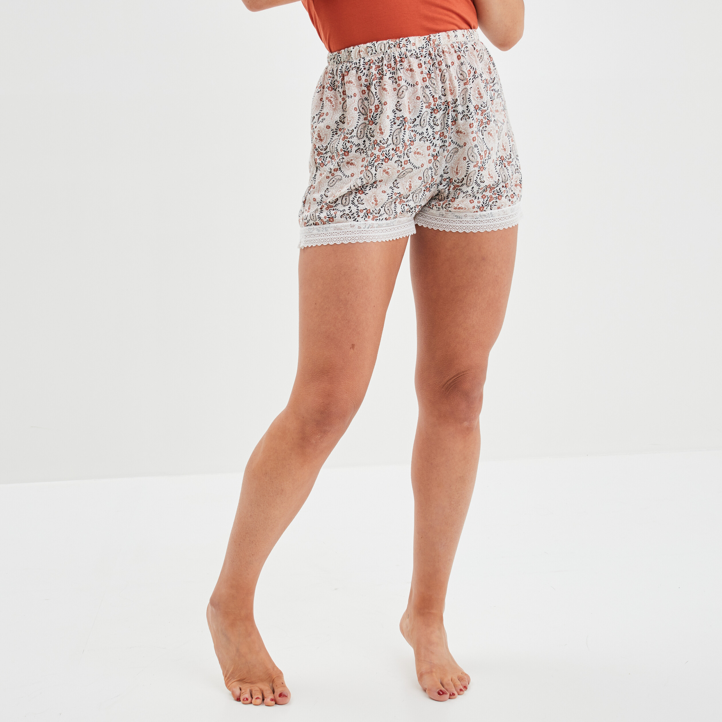 Short de pyjama avec dentelle beige femme | La Halle